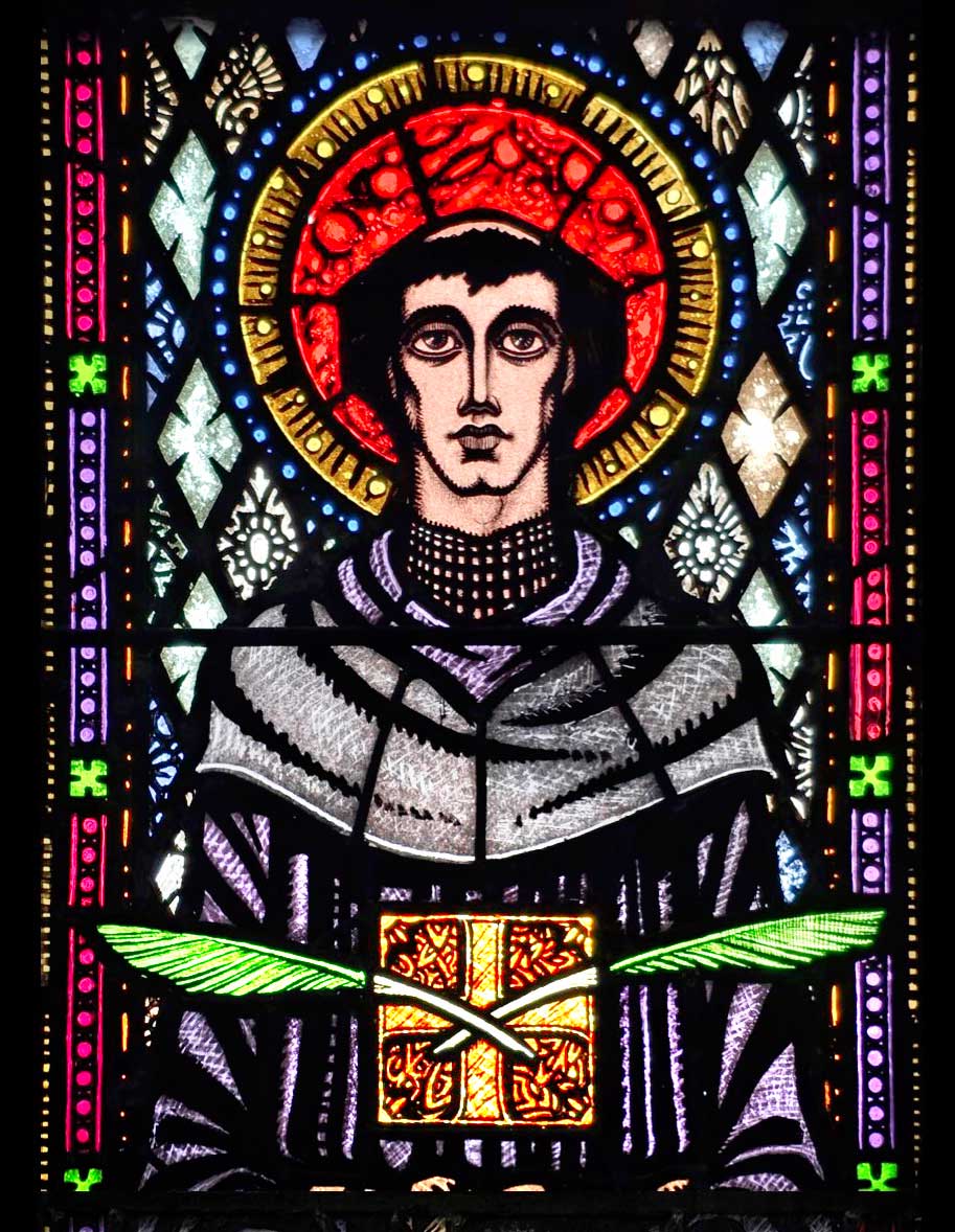 St Colmcille Detail (St Columba), stained glass by Harry Clarke, in St. Mary's Ballinrobe