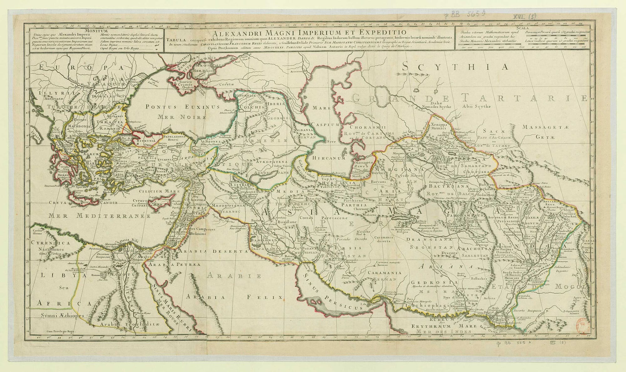 The Empire and Expedition of Alexander the Great. A map showing all the regions which Alexander traversed on his way to wage war against Darius and the kings of the Indians, with their present-day names