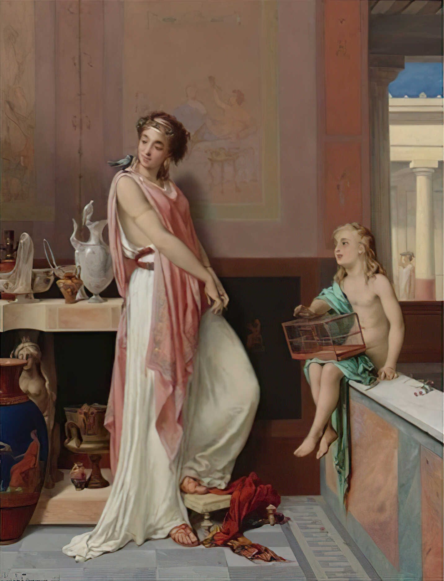 The Favorite Pet or Feathered Friend by Pierre Olivier Joseph Coomans, a neo-Pompeian scene of daily life in Roman antiquity