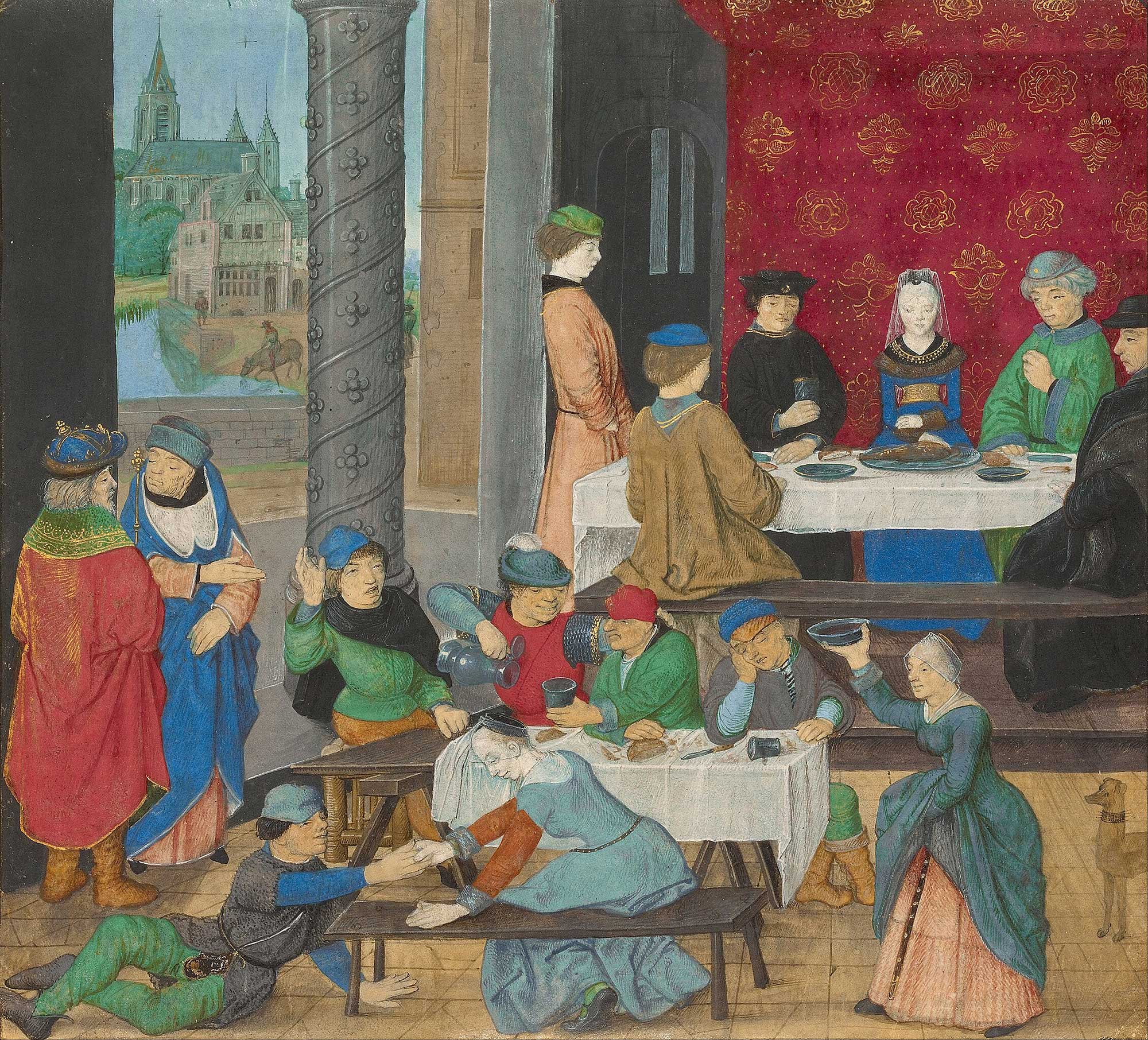 The Temperate and the Intemperate, Valerius Maximus teaches Emperor Tiberius about temperance in table manners, contrasting noble restraint with peasants’ wild indulgence in a lively medieval depiction