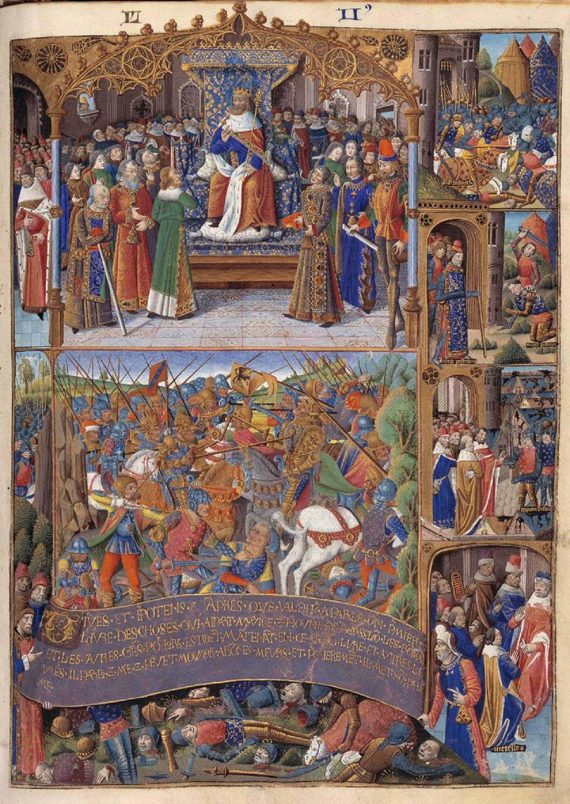 The manuscript of Valerius Maximus, Memorable facts and sayings, translated from Latin by Simon de Hesdin, depicted here presenting it to King Charles V