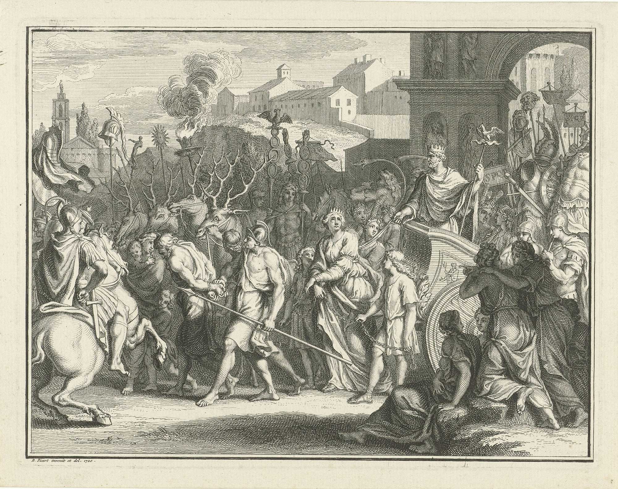 Triumph of Emperor Aurelian in 274, by Bernard Picart. Queen Zenobia is paraded in the streets of Ancient Rome