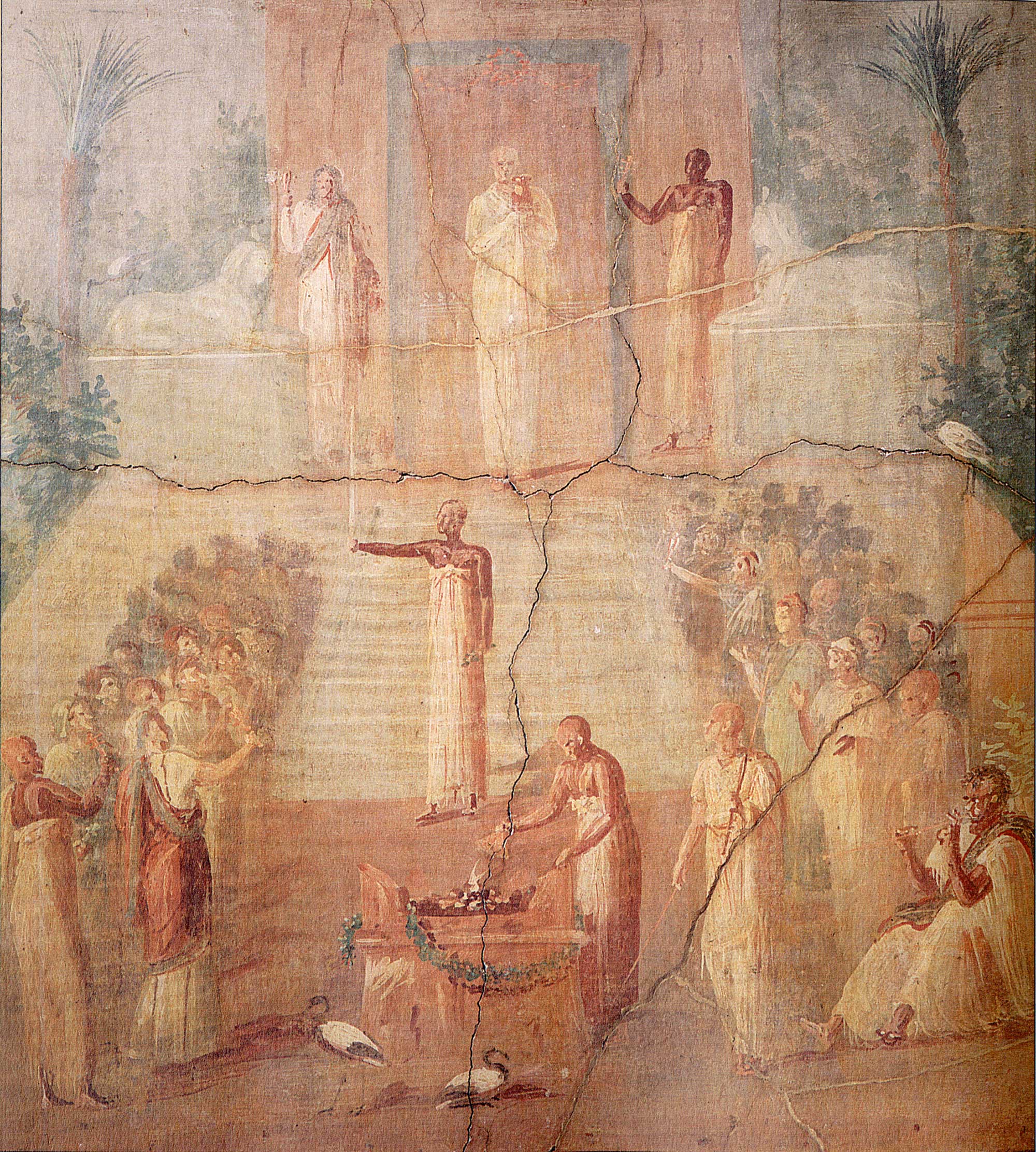 White-robed priests of Isis perform a water ritual as chanting devotees line the steps of the goddess's temple in this wall painting from Herculaneum