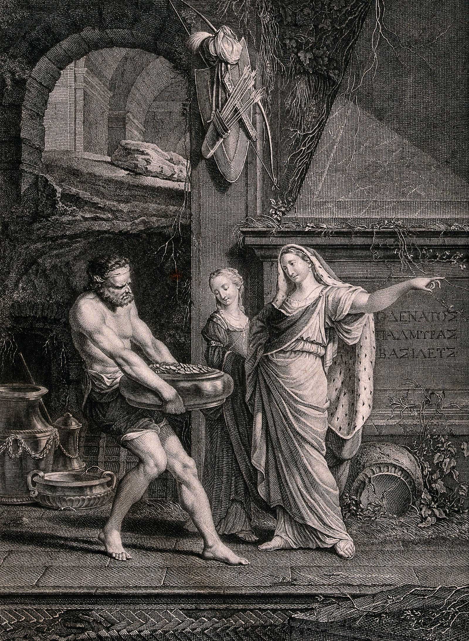 Zenobia, ruler of the Palmyrene empire, is besieged in Antioch by the Roman emperor Aurelian, and gives orders for the moving of her treasure, a line engraving by Charles Etienne Gaucher