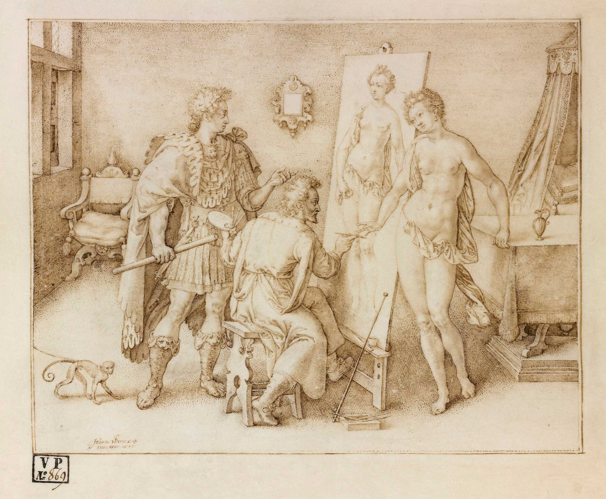 A painting from Johannes Wierix, depicting Alexander the Great as he surrenders his mistress Campaspe to Apelles, who depicts her naked, a story from Claudius Aelianus' Variae historiae