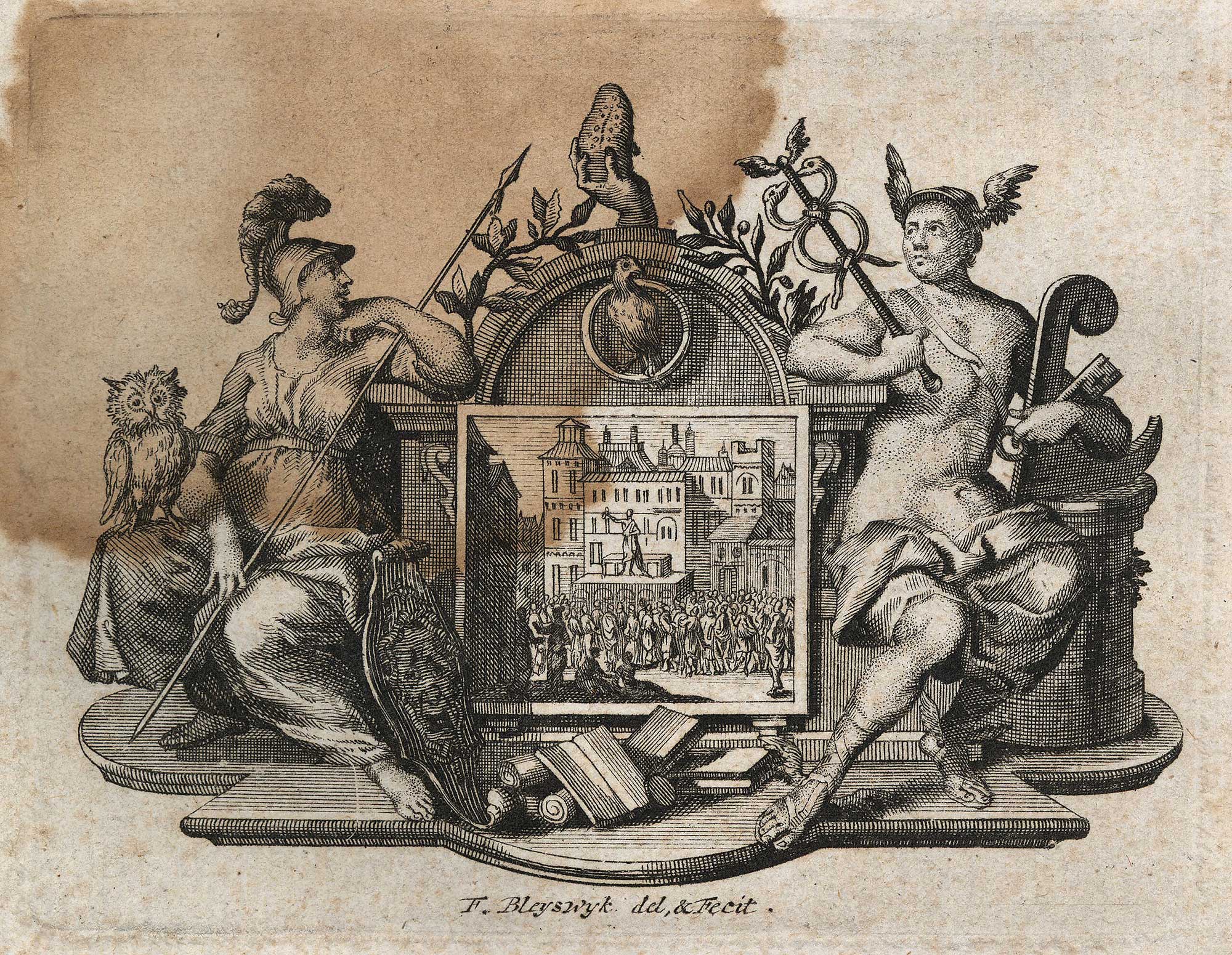 Allegorical copper engraving by F. Bleyswyk on the title page of Quintilian’s Institutio oratoria