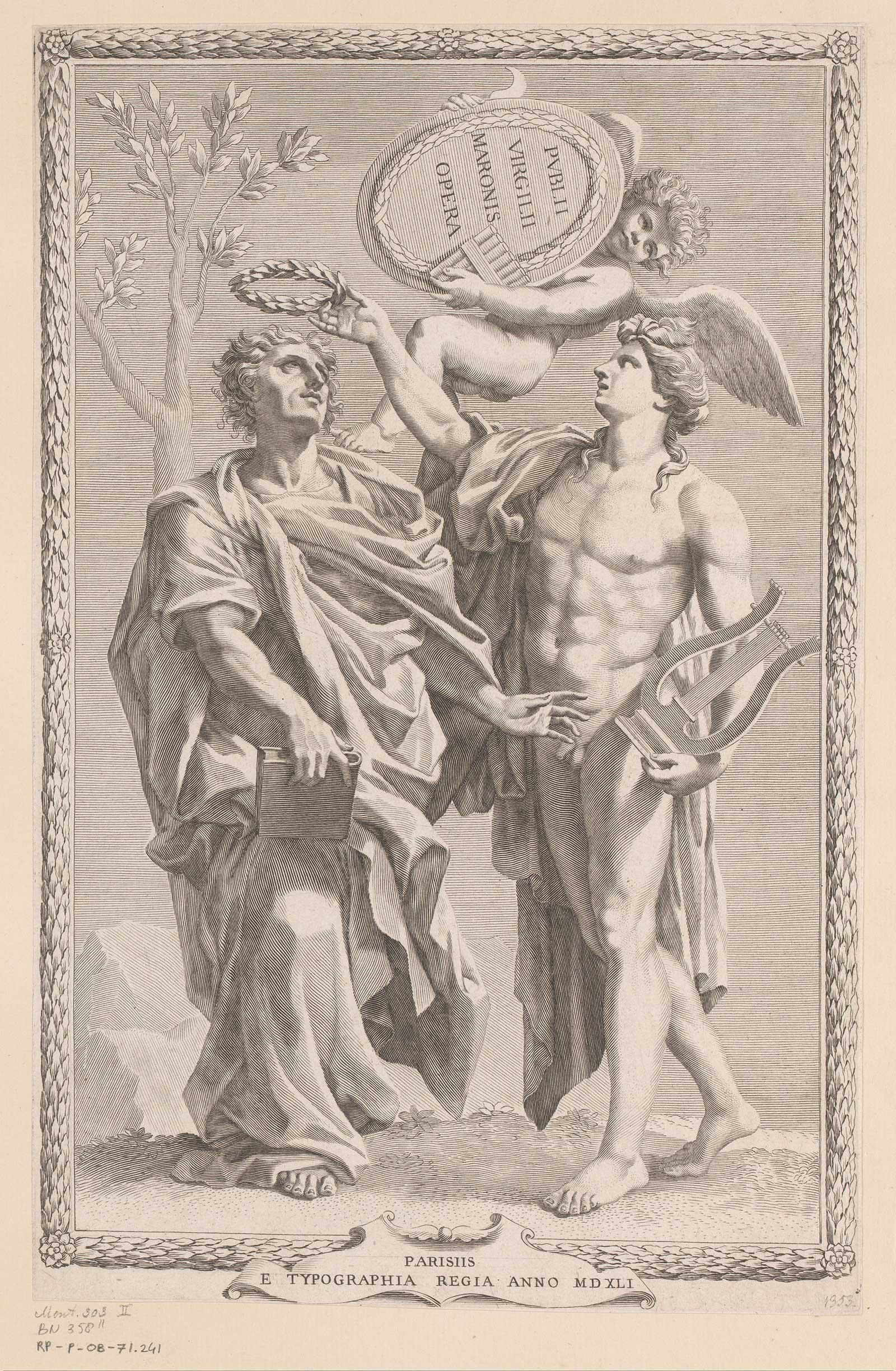 Apollo crowns Publius Virgil Maro, a gravure by Claude Mellan, after drawing by Nicolas Poussin
