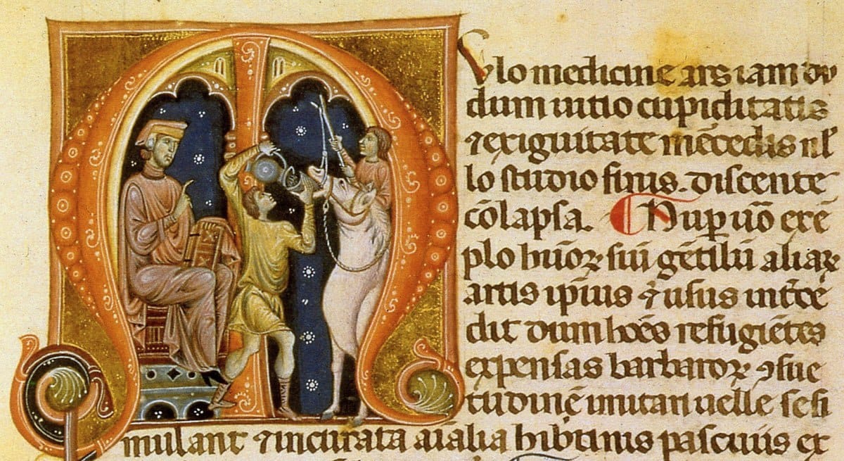 Tuscany, Vegetius, Mule Medicine, Administration of Potion on Horseback. By Rinaldo da Siena, Italian painter and illuminator, 13th century 