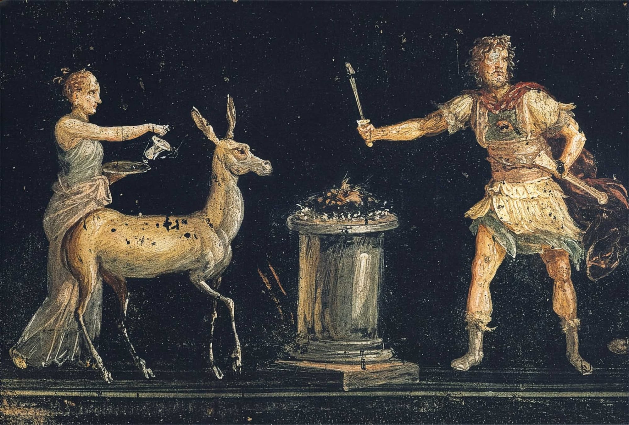 Roman wall painting depicting a scene of sacrifice in honor of the goddess Diana, she is accompanied by a deer