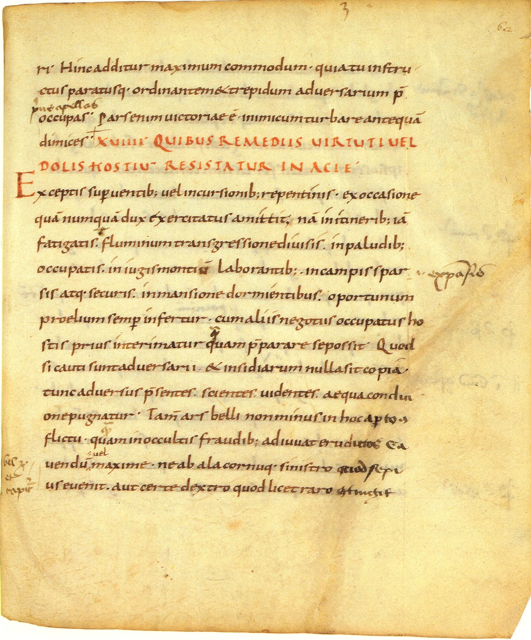 Vegetius, Epitoma rei militaris, mid-9th century, in a manuscript written for Lupus Servatus, in the  Biblioteca Apostolica Vaticana, Vaticanus Palatinus