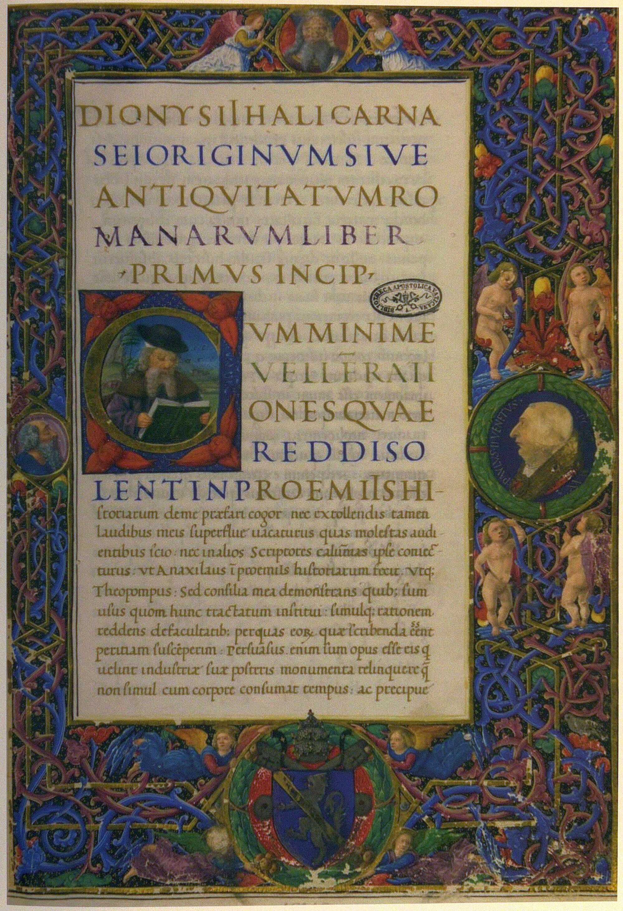 The beginning of Lampugnino Birago’s Latin translation of the „Roman Antiquities“ in the dedication copy for Pope Paul II, the manuscript Biblioteca Apostolica Vaticana