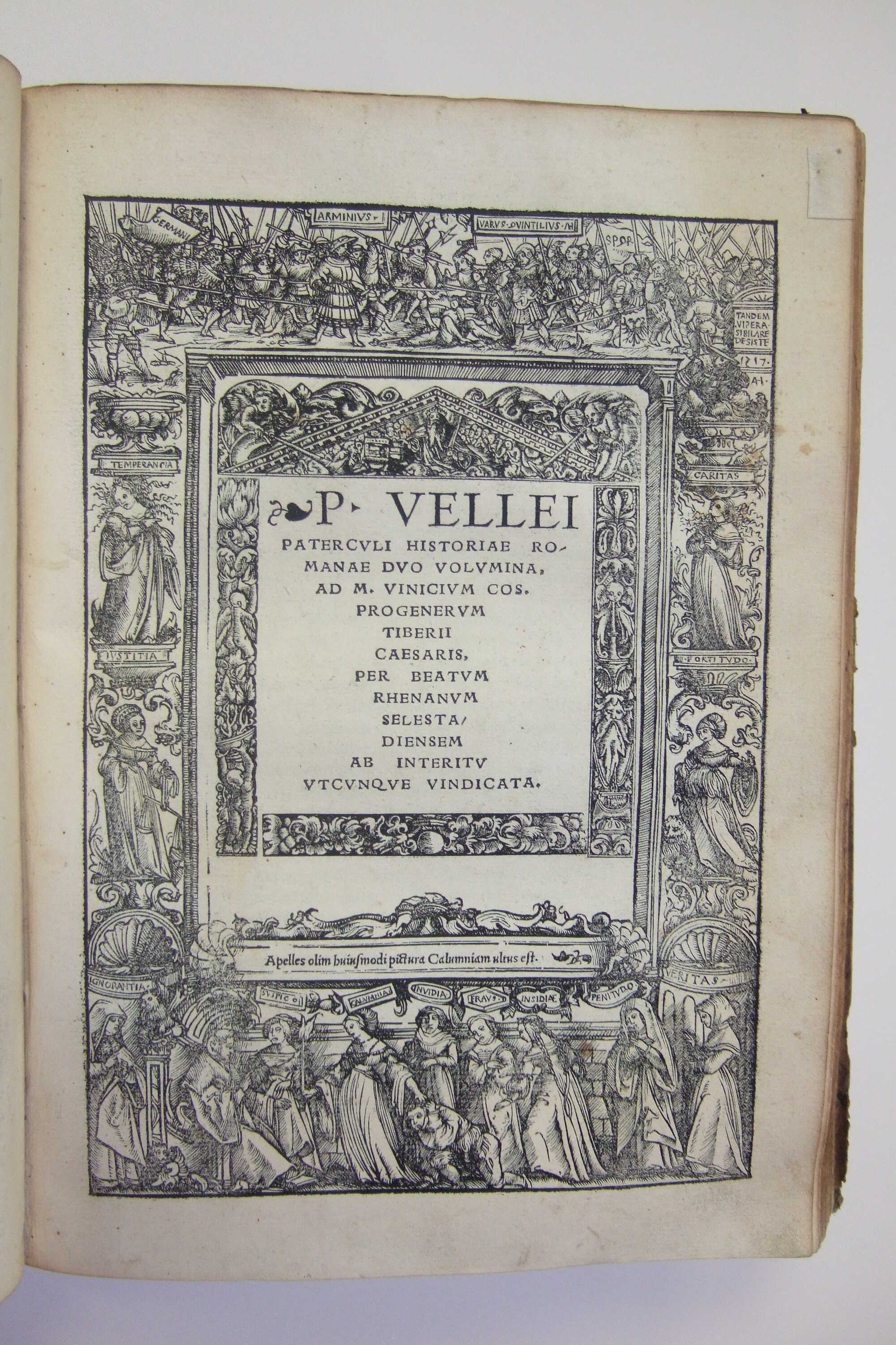 Illustrated title page of the 1520 editio princeps, edited by Beatus Rhenanus