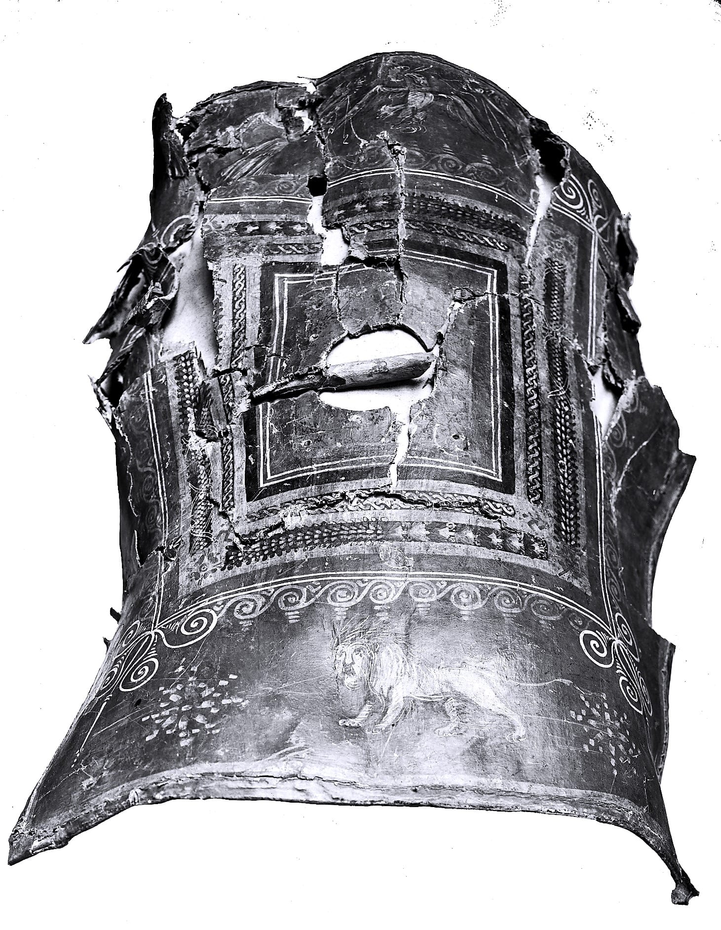 Scutum is now restored and in the Yale University Art Gallery collection (1933.715), with a convex curve likely more sharp than the original shield. This photograph shows the shield in the condition in which it was found, with heavy structural damage but the painting of the shield surprisingly intact.