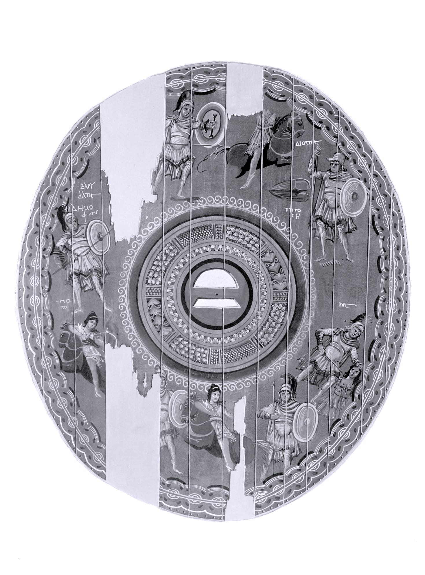  A photograph of Roman shield drawn by Herbert Gute (Amazon shield from embankment near T24). Illustration depicts YUAG item 1935.552, sometimes called the "Amazon shield" due to its depiction of Greeks and Amazons in combat.