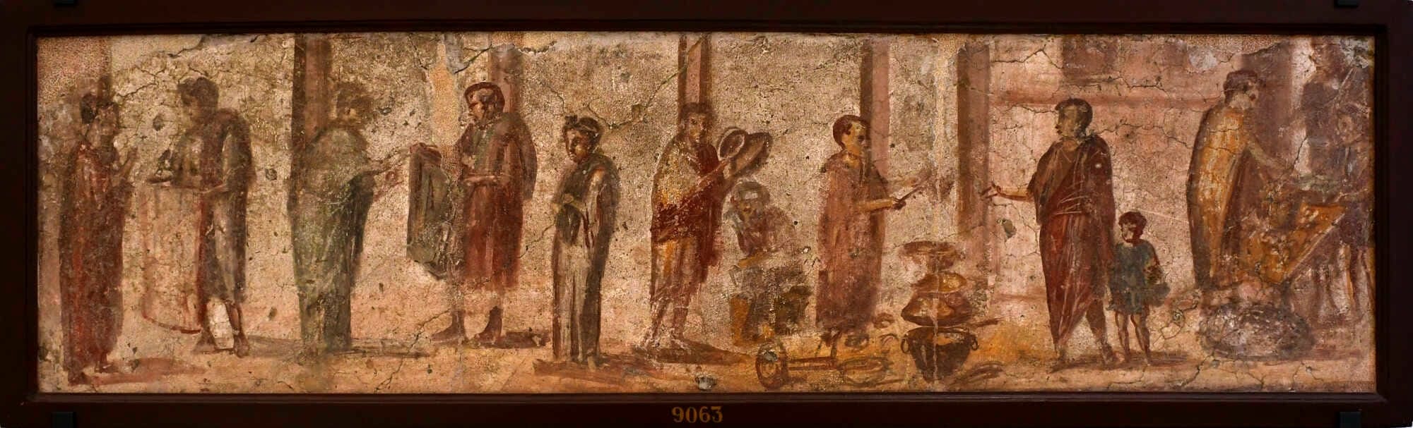 Fresco from the House of Julia Felix: sale of fabrics, pots and pans and bread in front of a colonnade.