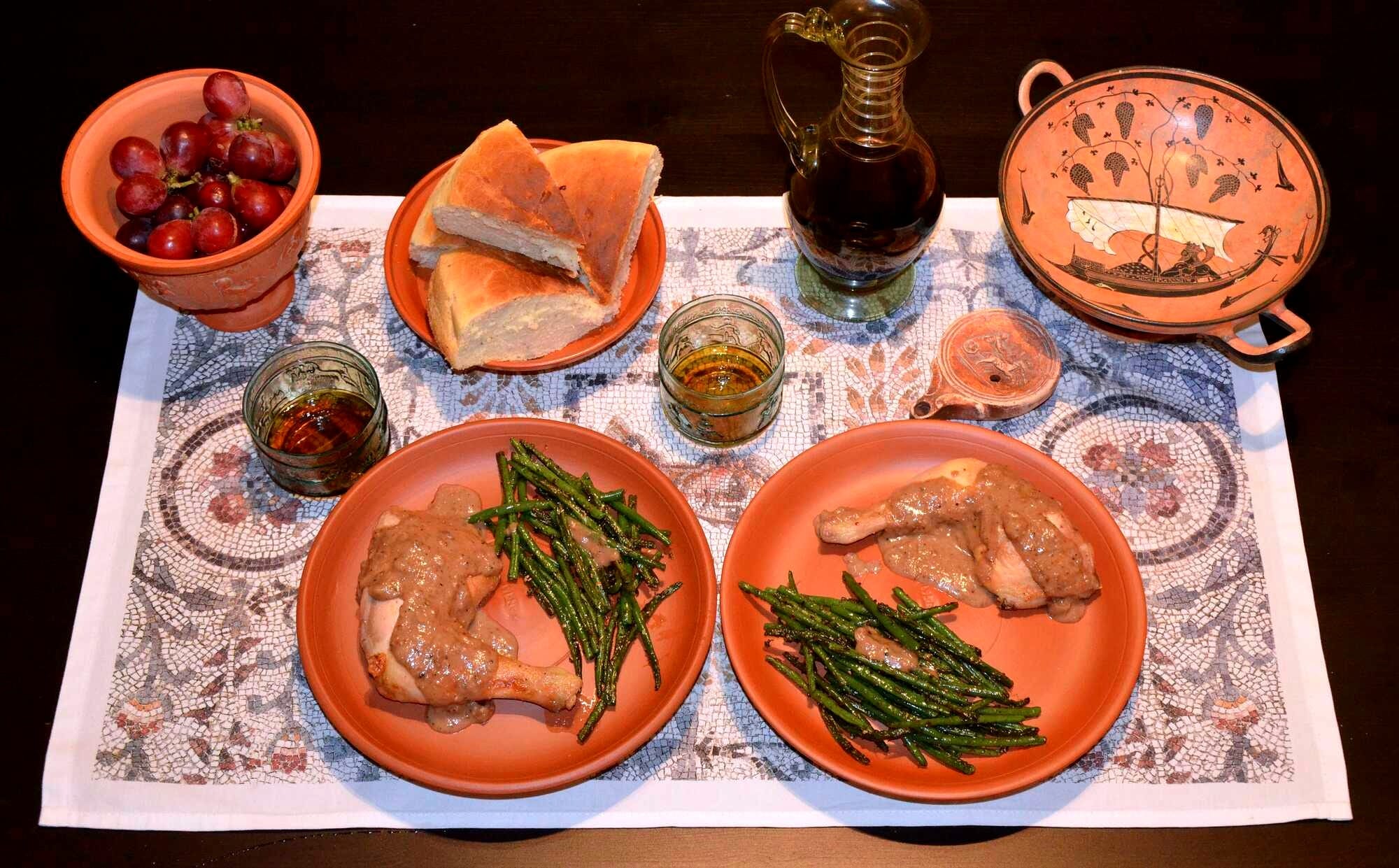 Pullum Numidicum (Numidian Chicken) accompanied with Conchicla Cum faba (Beans with Cumin)