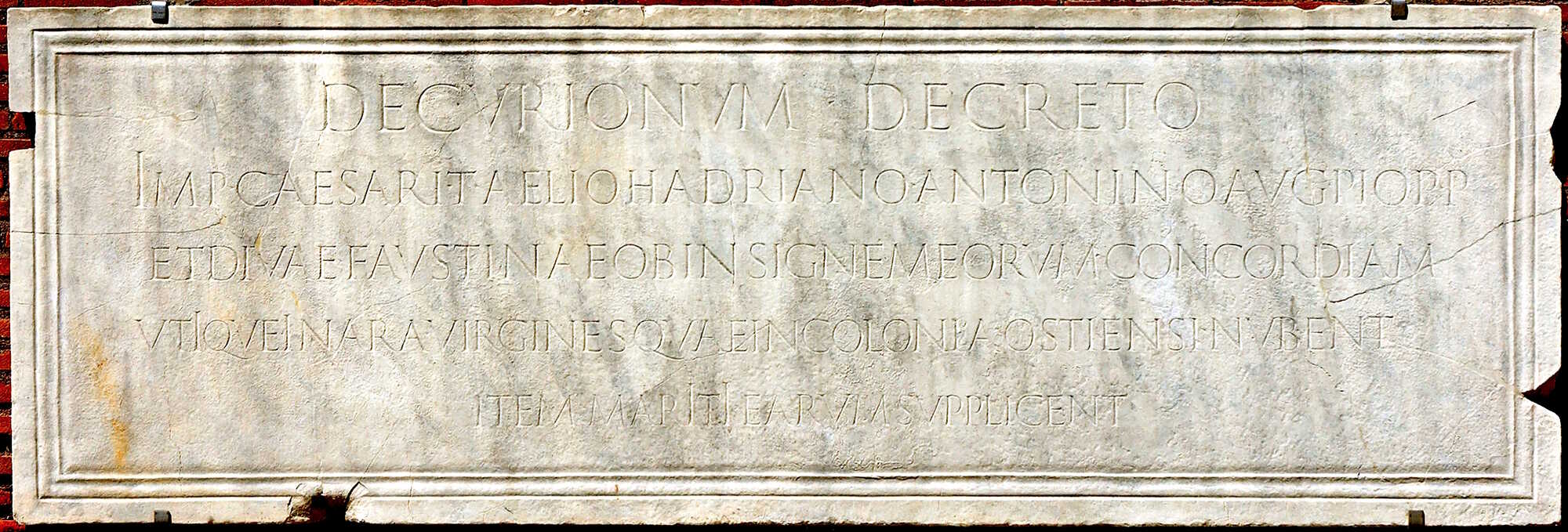Inscription compelling all young couples marrying in Ostia to worship the representations of Concord, Antoninus Pius and Faustina Major.