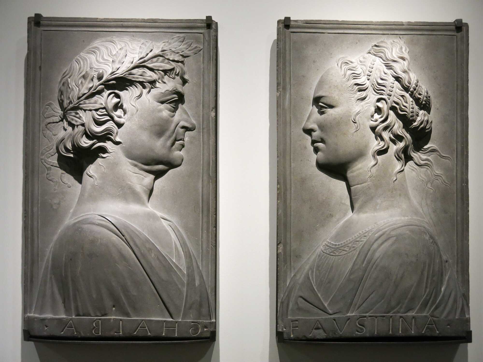Portraits of the emperor Galba and of the empress Faustina Major. Gregorio di Lorenzo. Circa 1500. Grey sandstone. Campana collection purchase 1861. Louvre museum (Paris, France)
