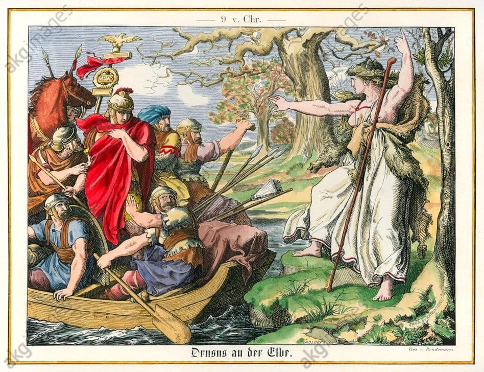 In 9 BC, Drusus, attempting to advance along the Elbe River , is prevented from continuing his journey by a supernatural Great Seeress and forced to return. 