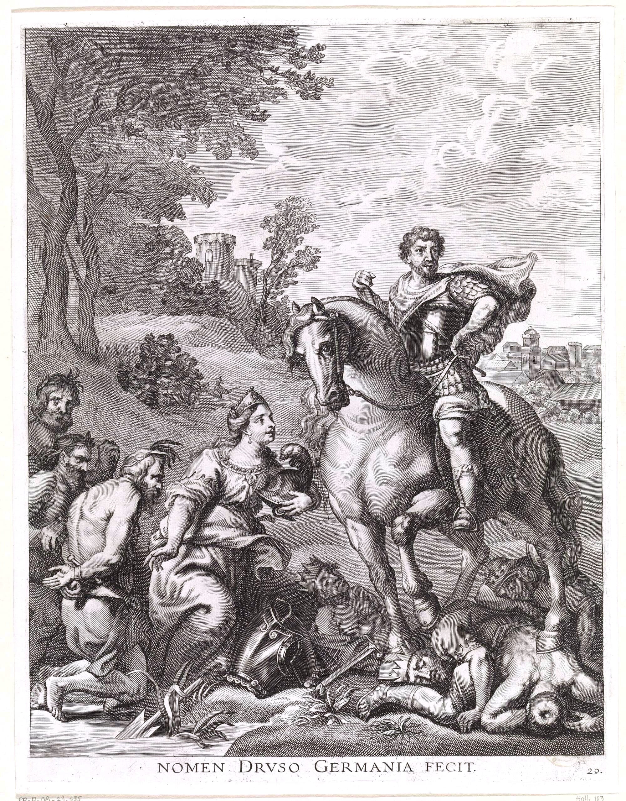  Drusus subdues Germania. The Roman general Drusus on horseback among the conquered Germanic peoples. With this he earns the right to bear the name Germanicu. Depiction on the reverse of the triumphal arch Arcus Caroli on the Vrijdagmarkt. The print is part of a series illustrating the publication of the description of the entry of the Cardinal Infante Ferdinand of Austria into Ghent on 28 January 1635 as the new governor of the Spanish Netherlands.