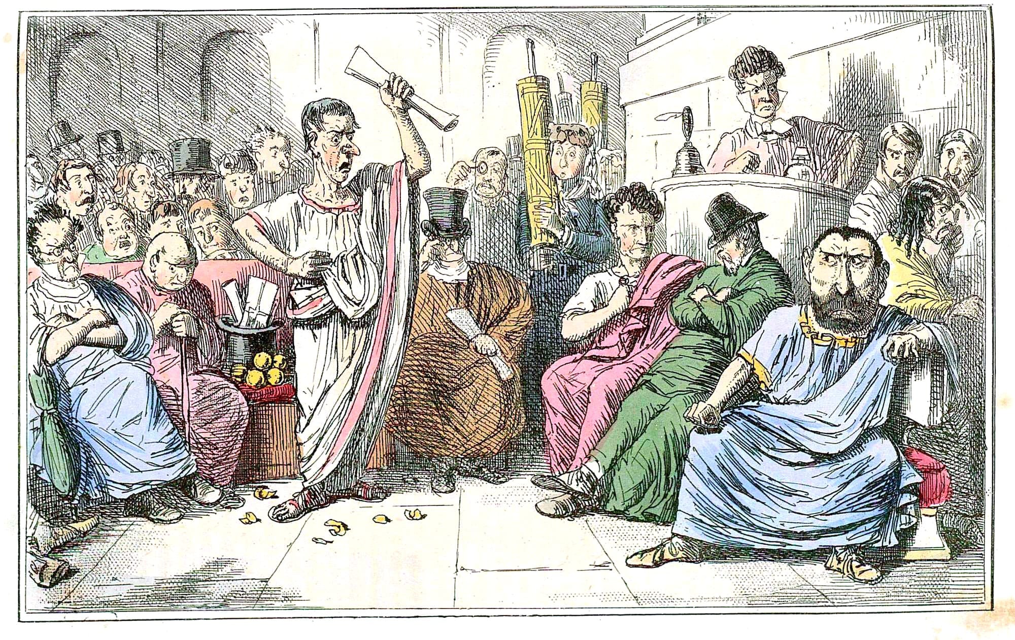 Cicero accuses Catiline (probably on the right in green) of conspiracy.