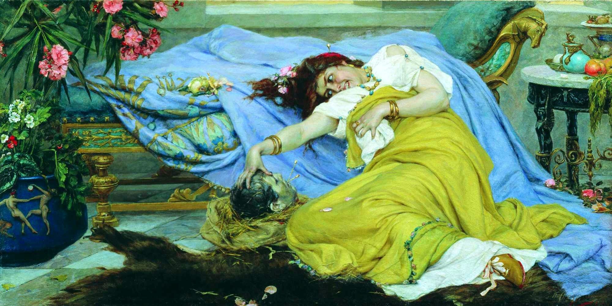 Pavel Svedomsky. Fulvia, Mark Antony's wife, sticking pins into the severed head of Cicero, after Antony ordered his killing