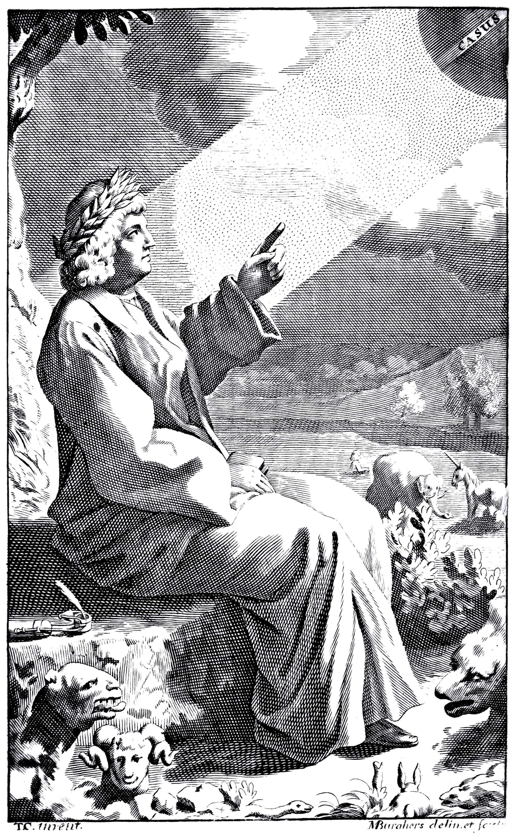 Lucretius pointing to the casus, the downward movement of the atoms, from the frontispiece of a 1714 edition of Thomas Creech’s translation of Lucretius (1682).