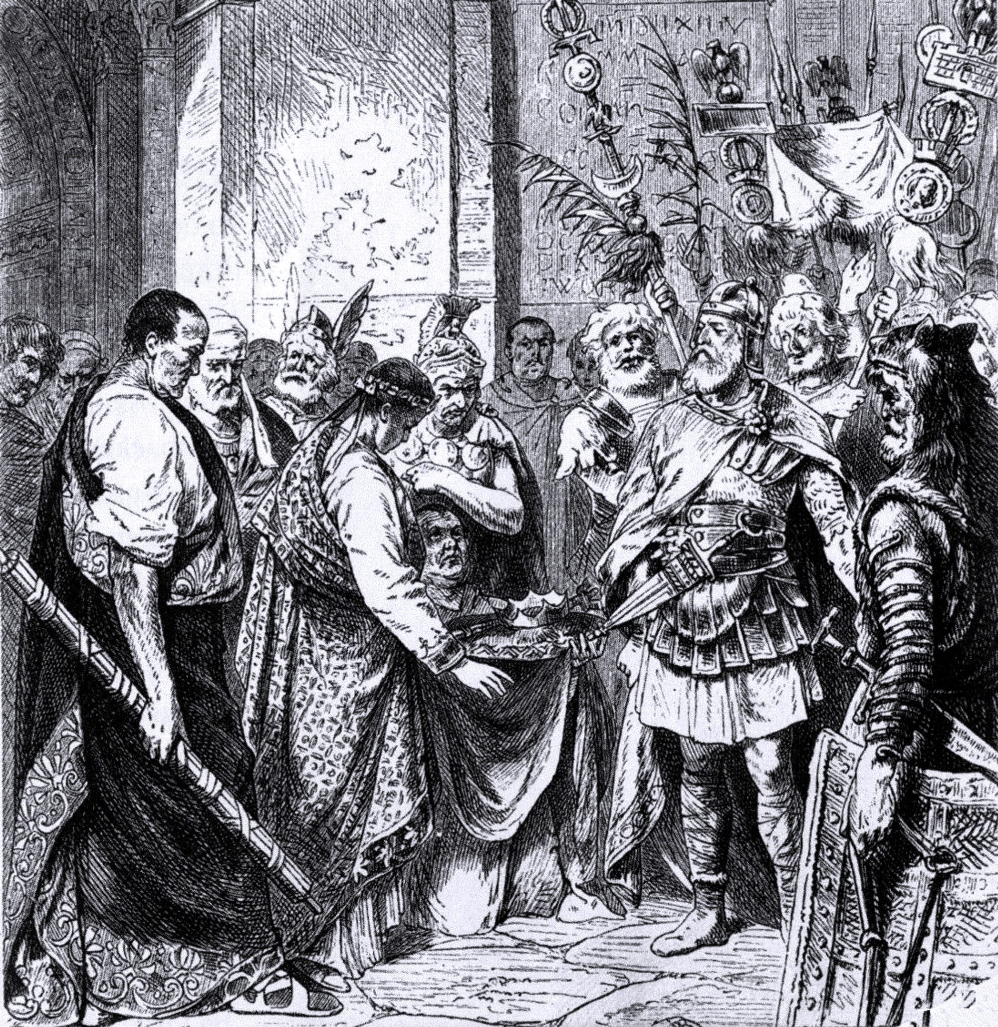 Romulus Augustulus resigns the Roman crown to Odoacer. 