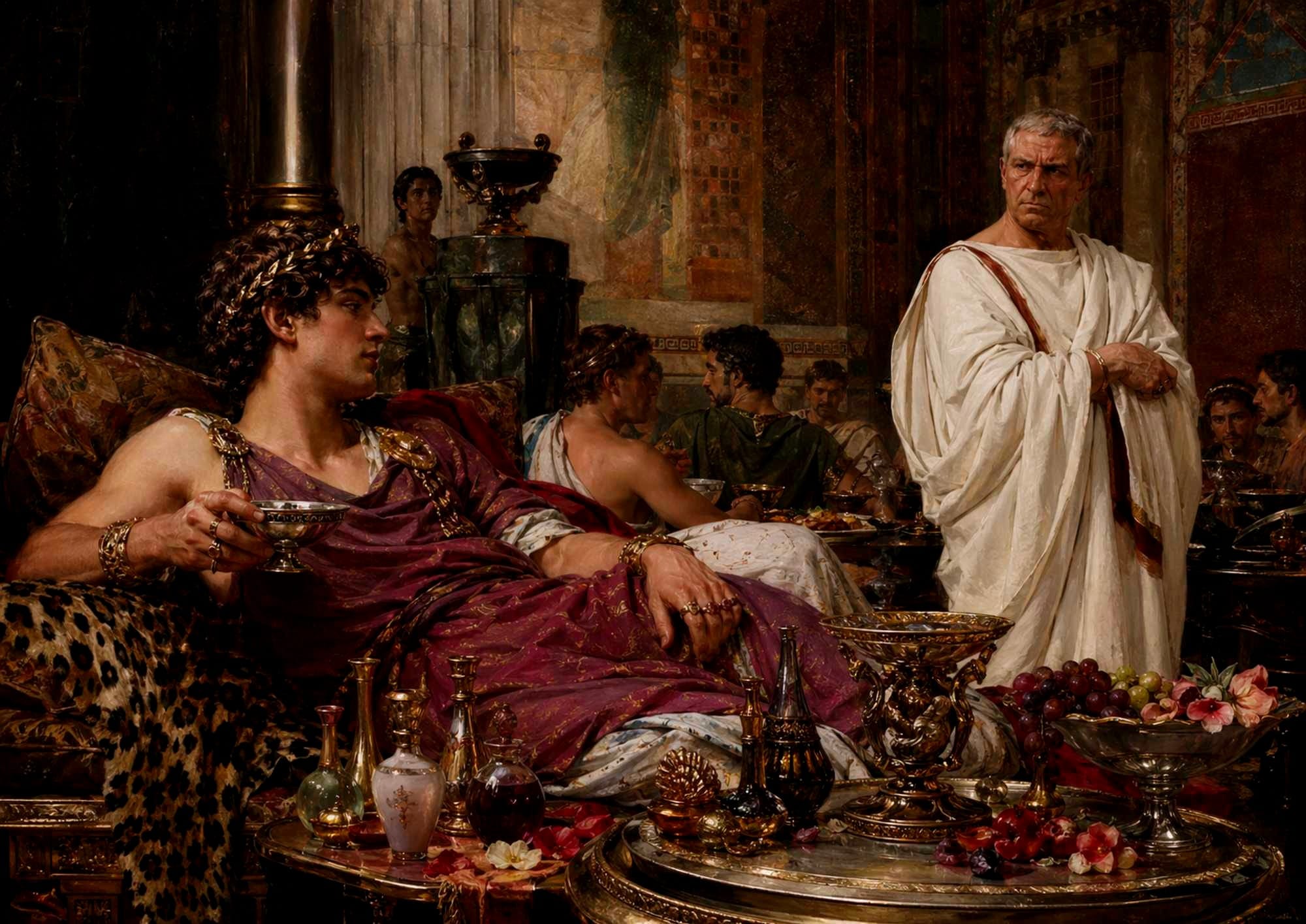 A possible representation of a young Roman, at a banquet, wearing jewels and enjoying his wine