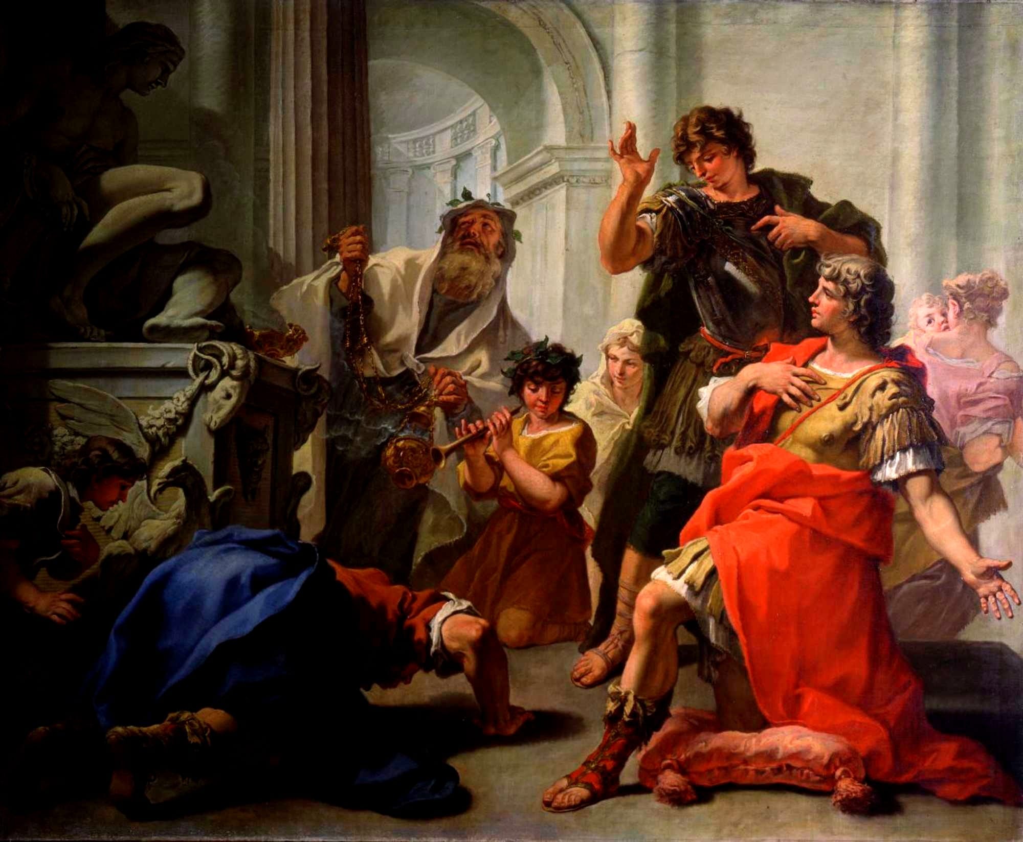 Brutus, along with the sons of the Roman king, inquired about the succession to the throne at Delphi. The oracle replied that whoever first kissed the mother would rule. Brutus understood that Mother Earth was meant, threw himself to the ground, and kissed her.