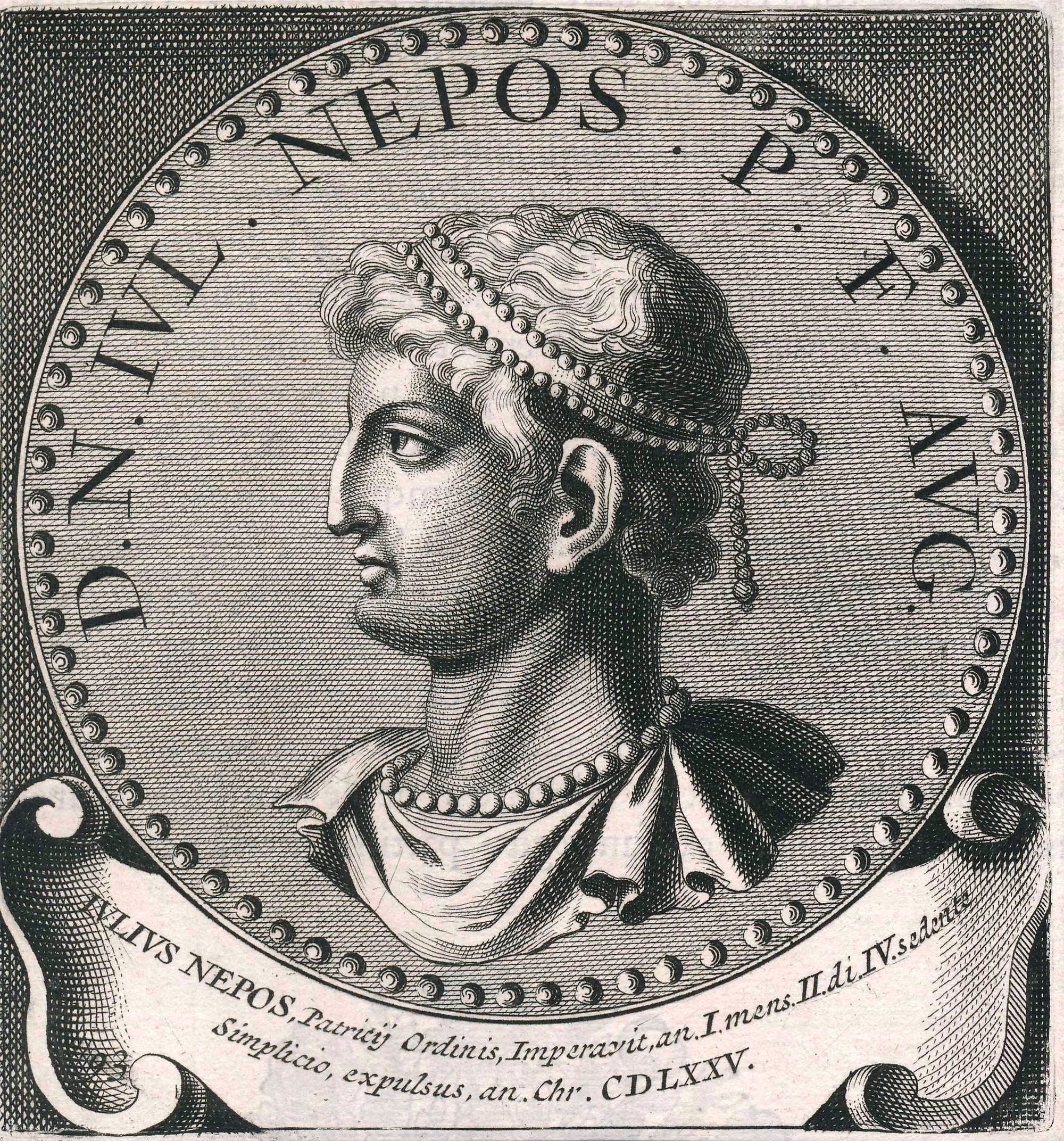 engraving in medallion of Julius Nepos, last emperor of the western Roman empire 474-475