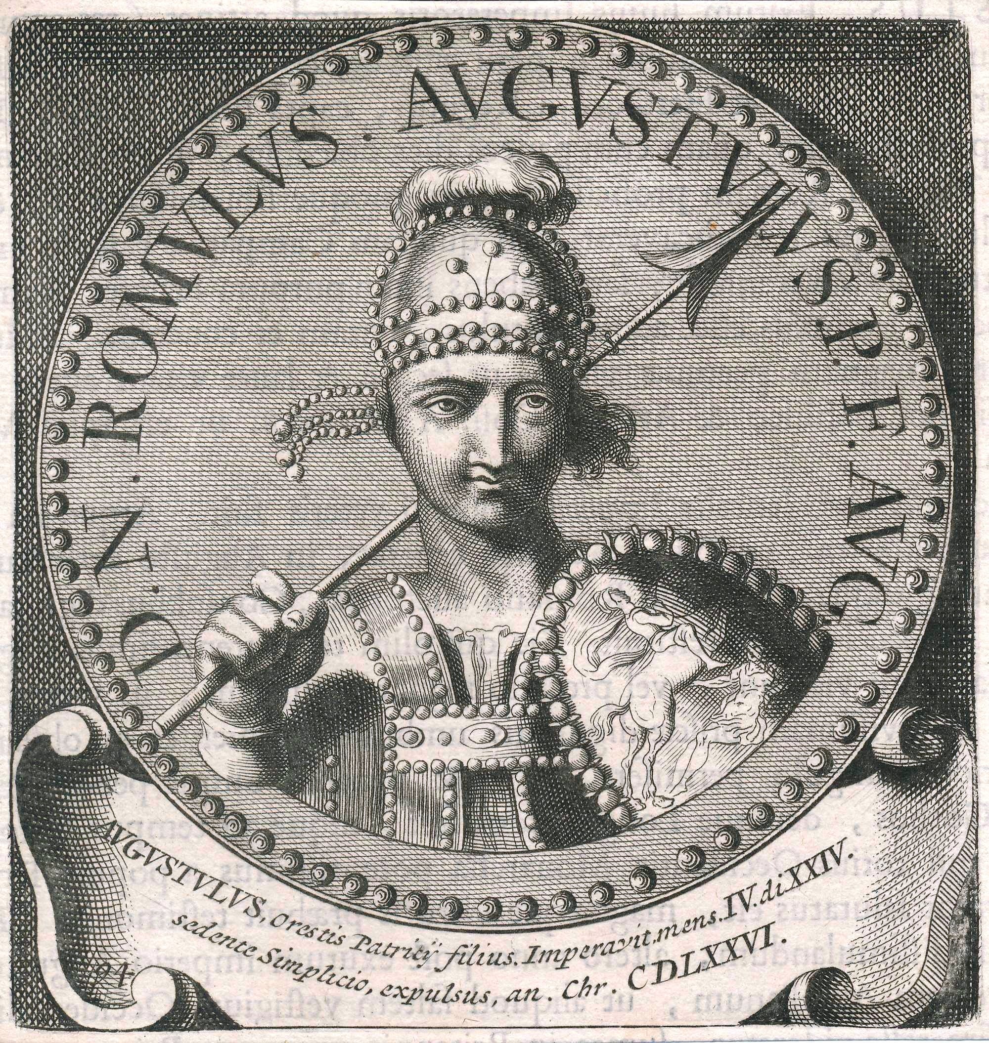 engraving in medallion of Romulus Augustulus, last emperor of the Western empire 475-476