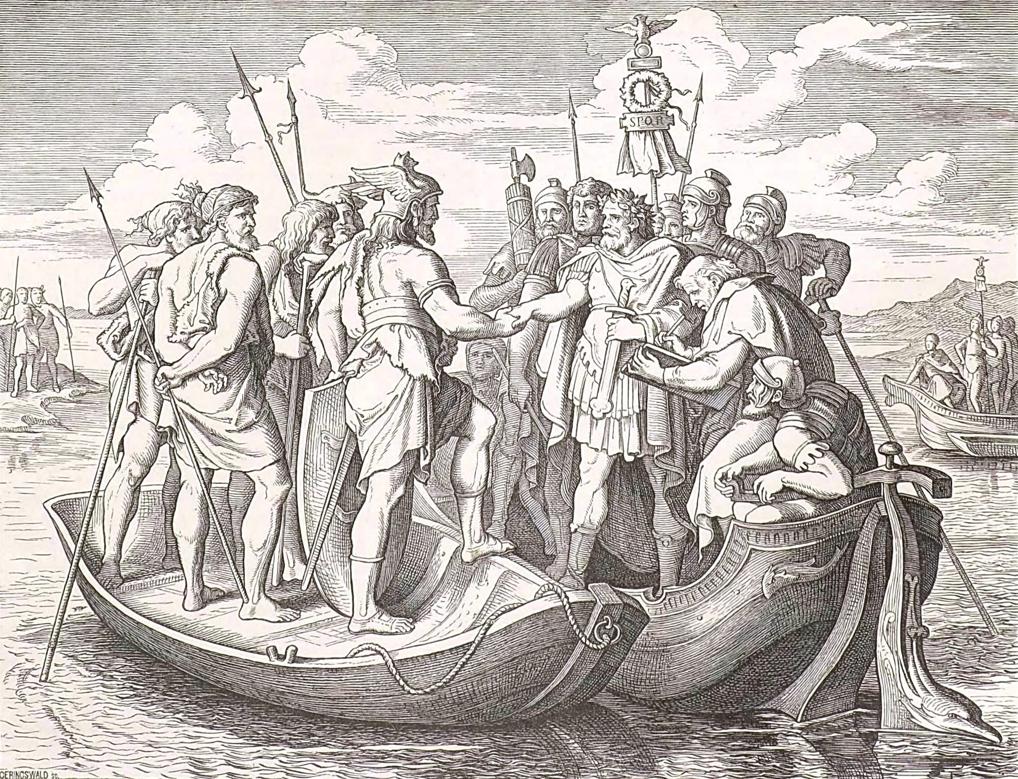 “Athanaric and Valens on the Danbue”. (Peace agreement between Athanaric and Emperor Valens 369. Woodcut, after a drawing.