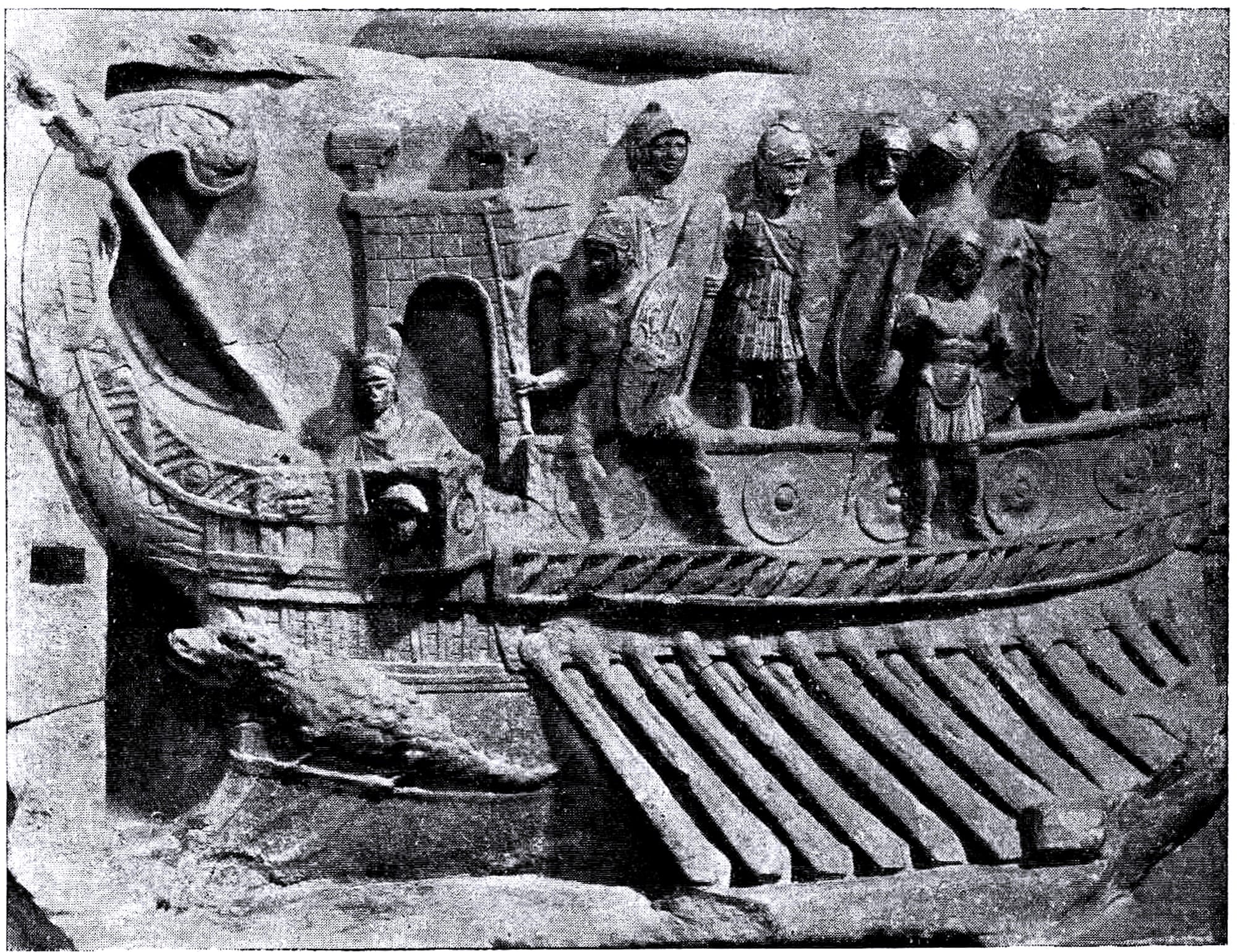  A Roman naval bireme depicted in a relief from the Temple of Fortuna Primigenia in Praeneste, which was built c. 120 BC. Exhibited in the Pius-Clementine Museum (Museo Pio-Clementino) in the Vatican Museums.