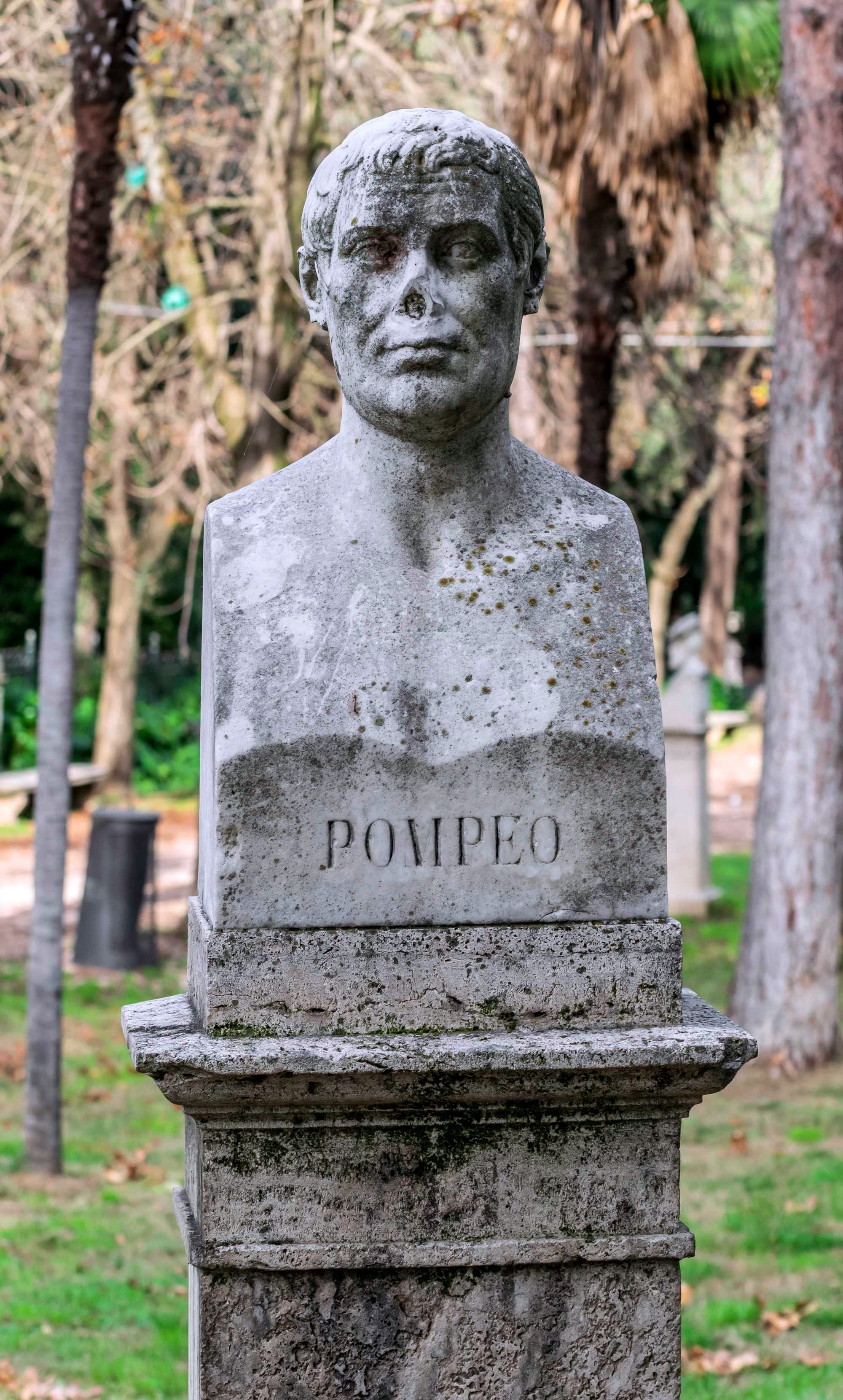 Bust of Gnaeus Pompeius Magnus in the garden of Villa Borghese in Rome, Italy