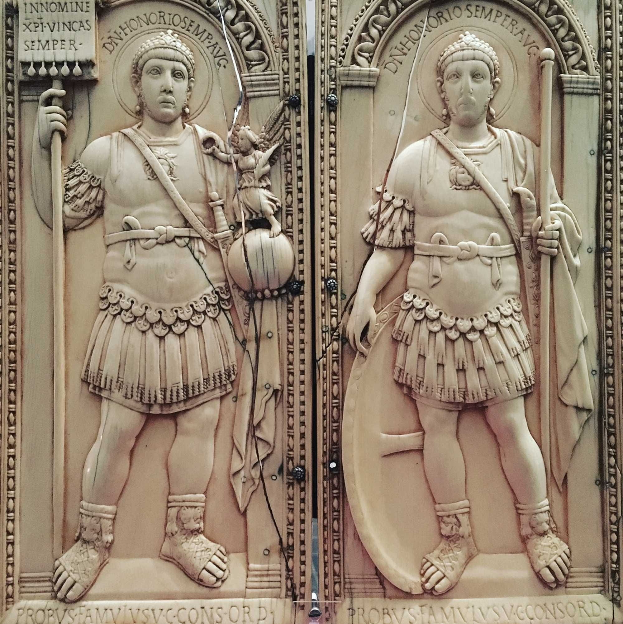 Ivory diptych of Consul Anicius Petronius Probus depicting Emperor Honorius, 406, from the Aosta Cathedral, Italy. Aosta, Museo Del Tesoro (Art Museum)
