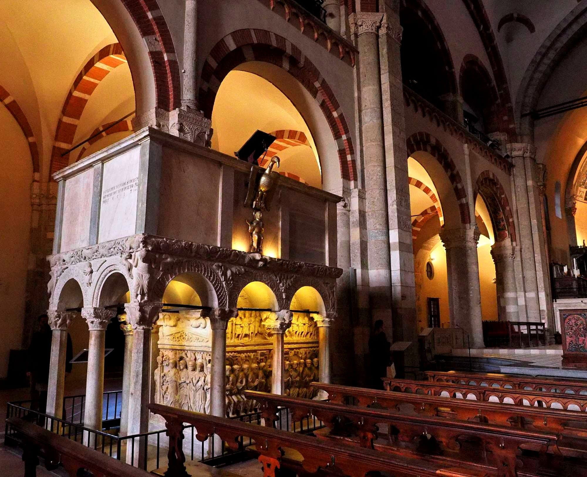 Stilicho's Sepulchre sits to the side of the central nave and is a sarcophagus from the 4th Century. The Eagle and figure towards the top of thise side shown depict John the Evangelist.