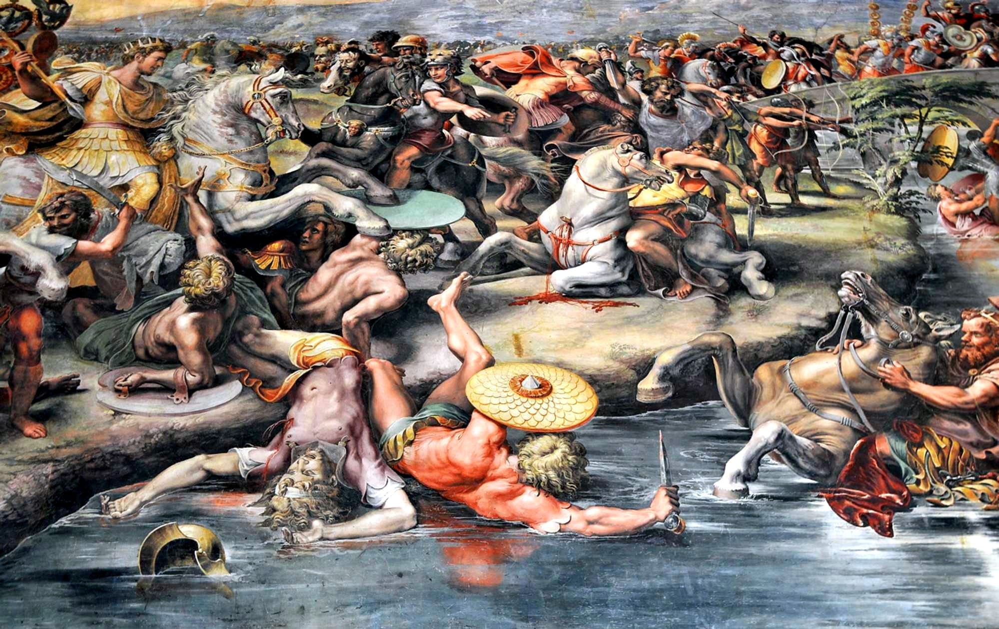 The Battle of the Pons Milvius (312 A.D.) placed Constantine against his rival, marking the defeat of Maxentius (shown as he is about to drown in the river Tiber) and the victory of Christianity over the pagan world.