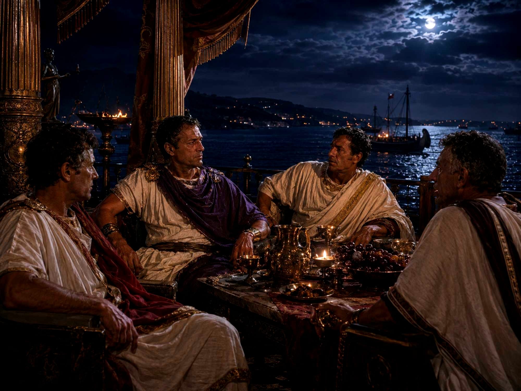 A possible representation of the famous banquet after The Treaty of Misenum in 39 BC, when Sextus Pompeius, Octavian, Antony, and Lepidus temporarily made peace. 