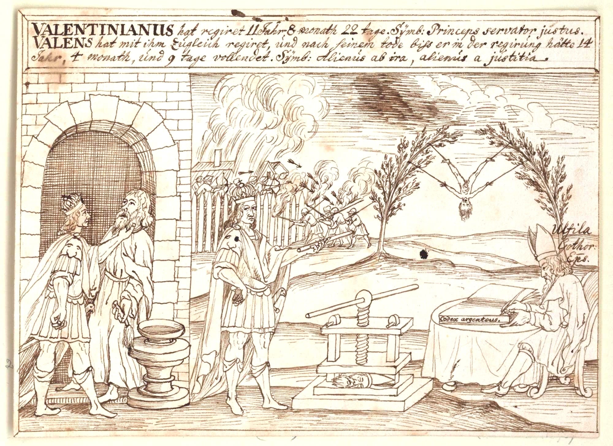  Scenes from the lives of the imperial brothers Valentinianus and Valens. The former slaps a “pagan” priest who has sprinkled him with holy water, while the latter has hung his rival Prokopios from two treetops. On the right is Bishop Ulfilas (Wulfila) working on his Bible translation (Codex Argenteus). In the foreground is the martyr's symbol, the screw press.