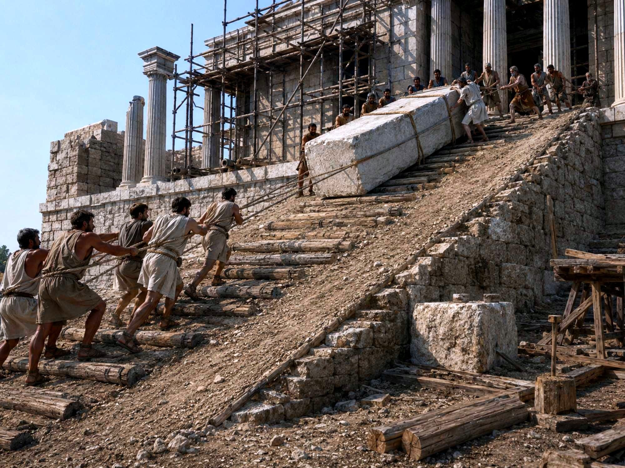 A possible representation of the use of an inclined plane in construction. 