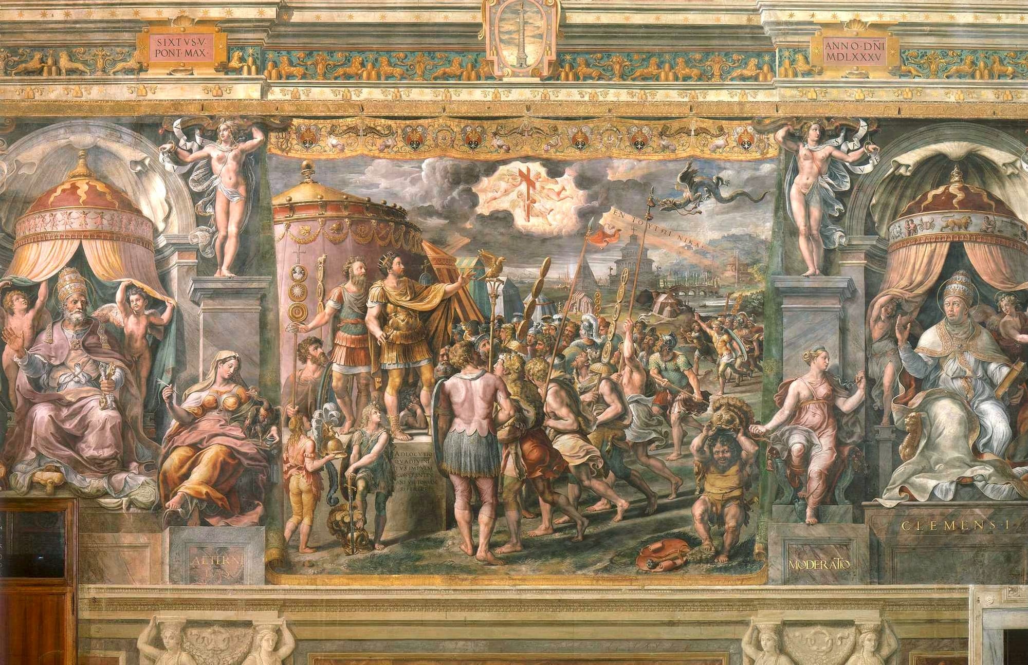 Constantine I's vision of the cross. A painting made between 1520 and 1524 by assistants of the Italian renaissance artist Raphael.