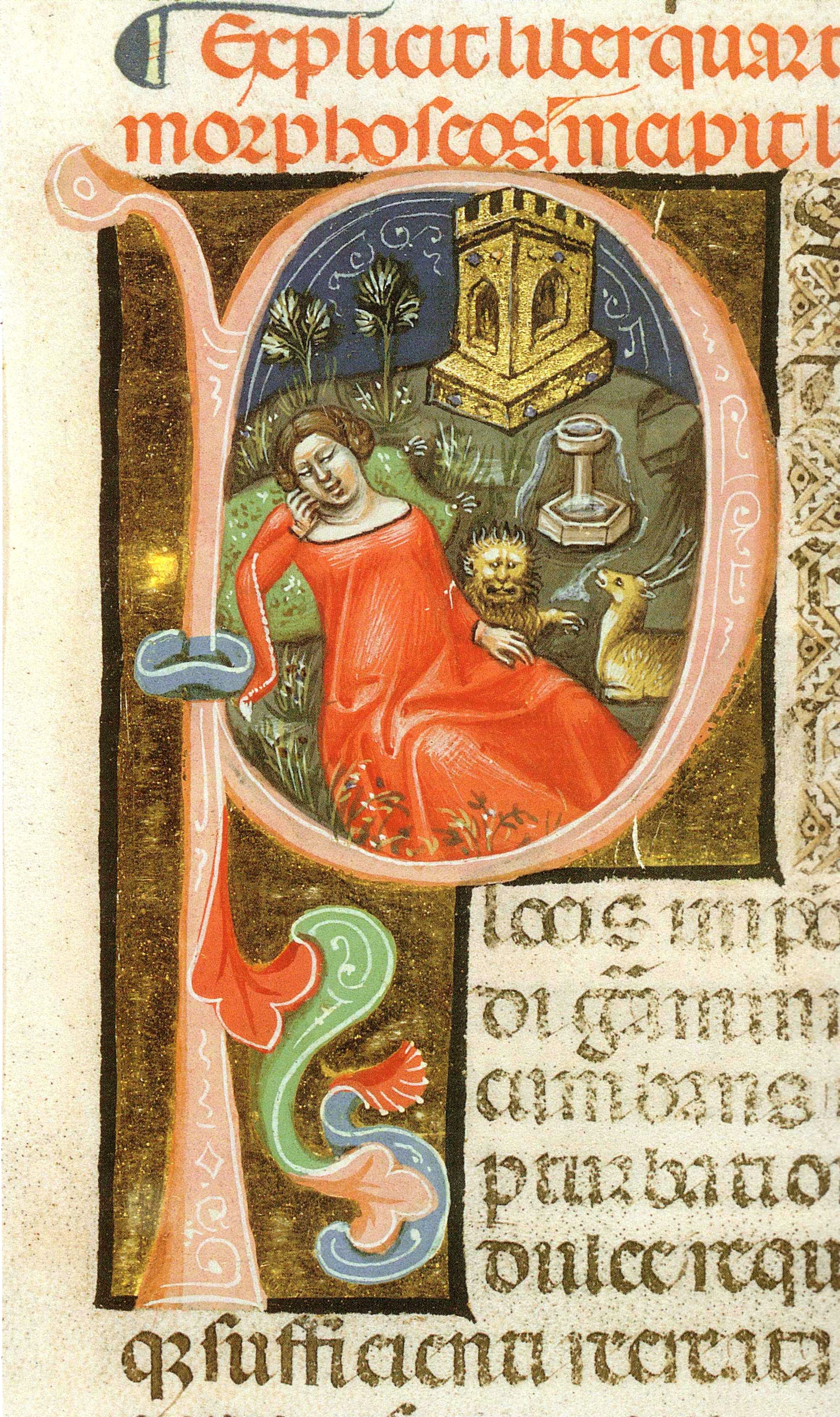 Psyche in the Garden of Amor, illustration of Apuleius Metamorphoses c. 24. Manuscript Vat. Lat. 2194 in the Biblioteca Apostolica Vaticana in Rome.