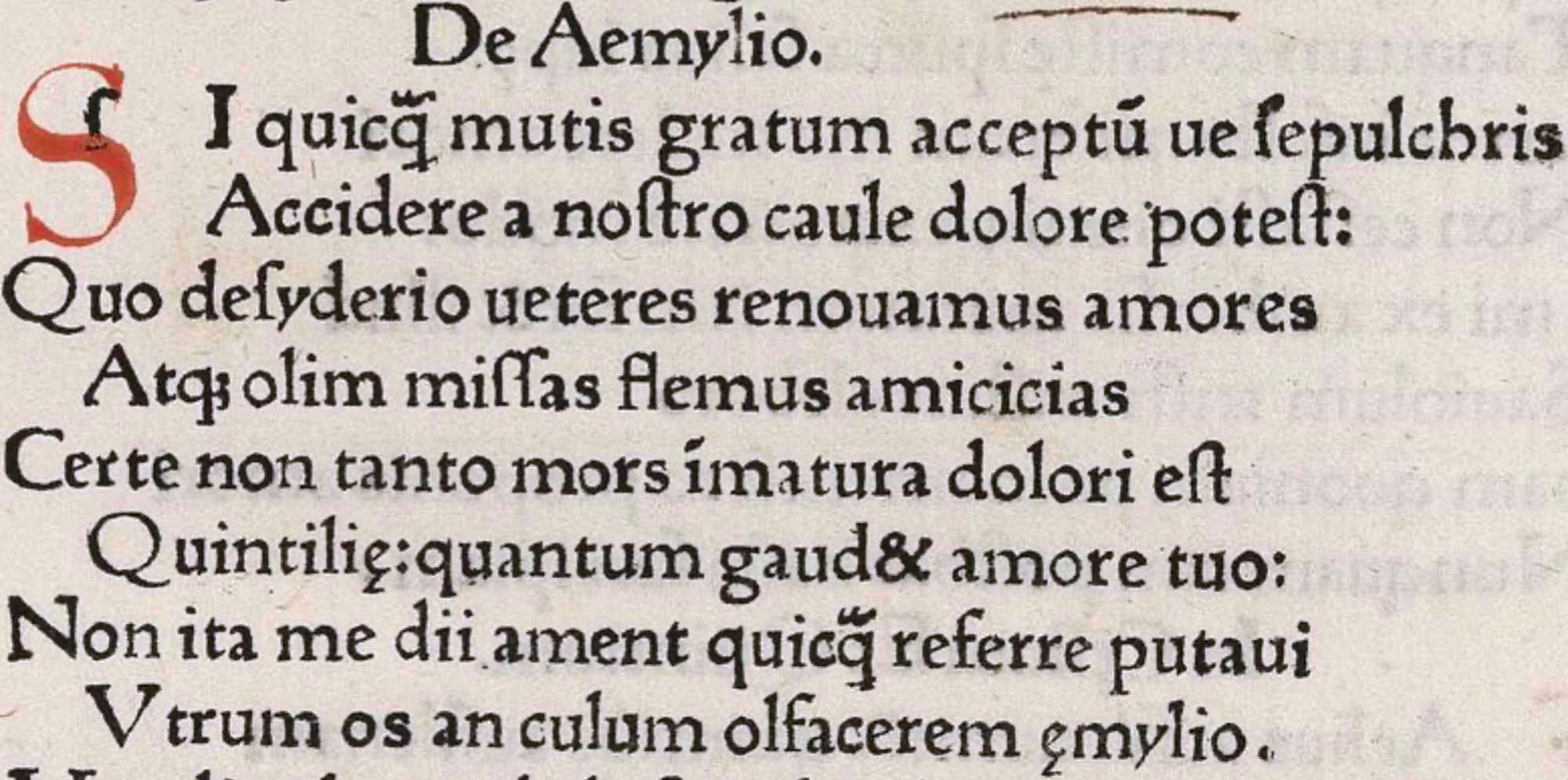 Catullus 96, 1472 editio princeps (with illumination), Inc.III.18 33r (Vatican Library), with first two lines of Catullus 97