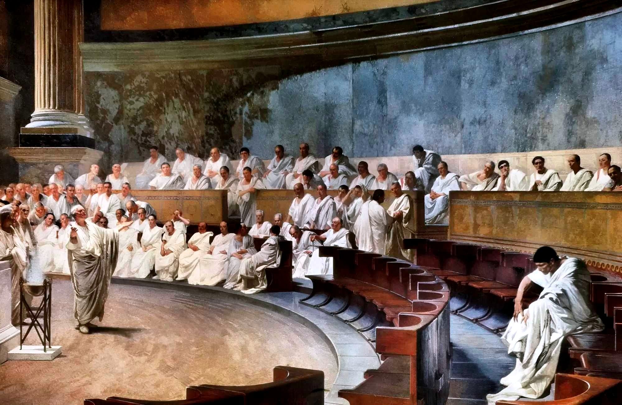 A fresco by Cesare Maccari depicting Roman senator Cicero denouncing Catiline's conspiracy to overthrow the Republic in the Roman senate.