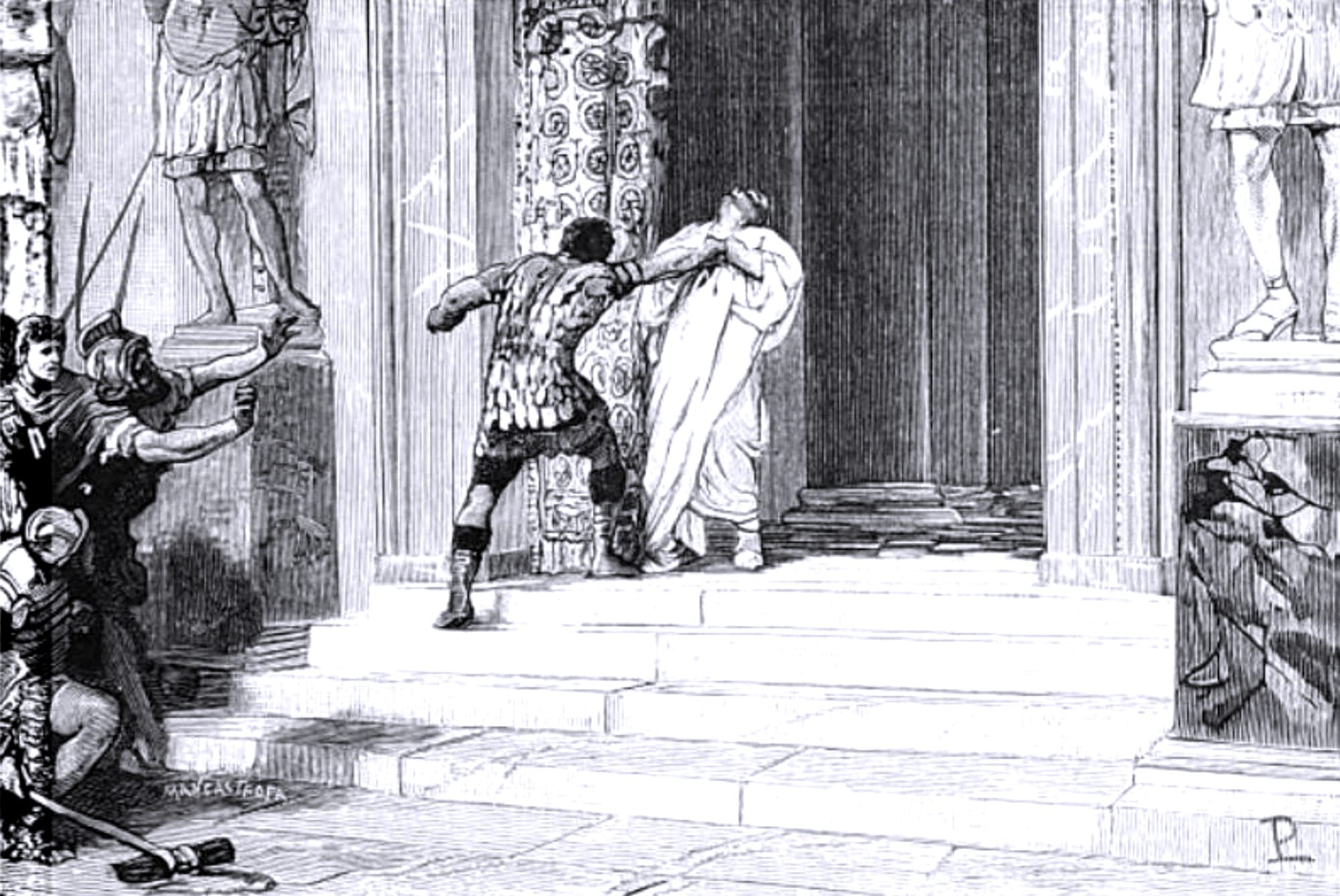 Lodovico Pogliaghi - Death of Pertinax. A wretched Batavian, named Tausius, broke the spell by hurling his sword at the emperor.