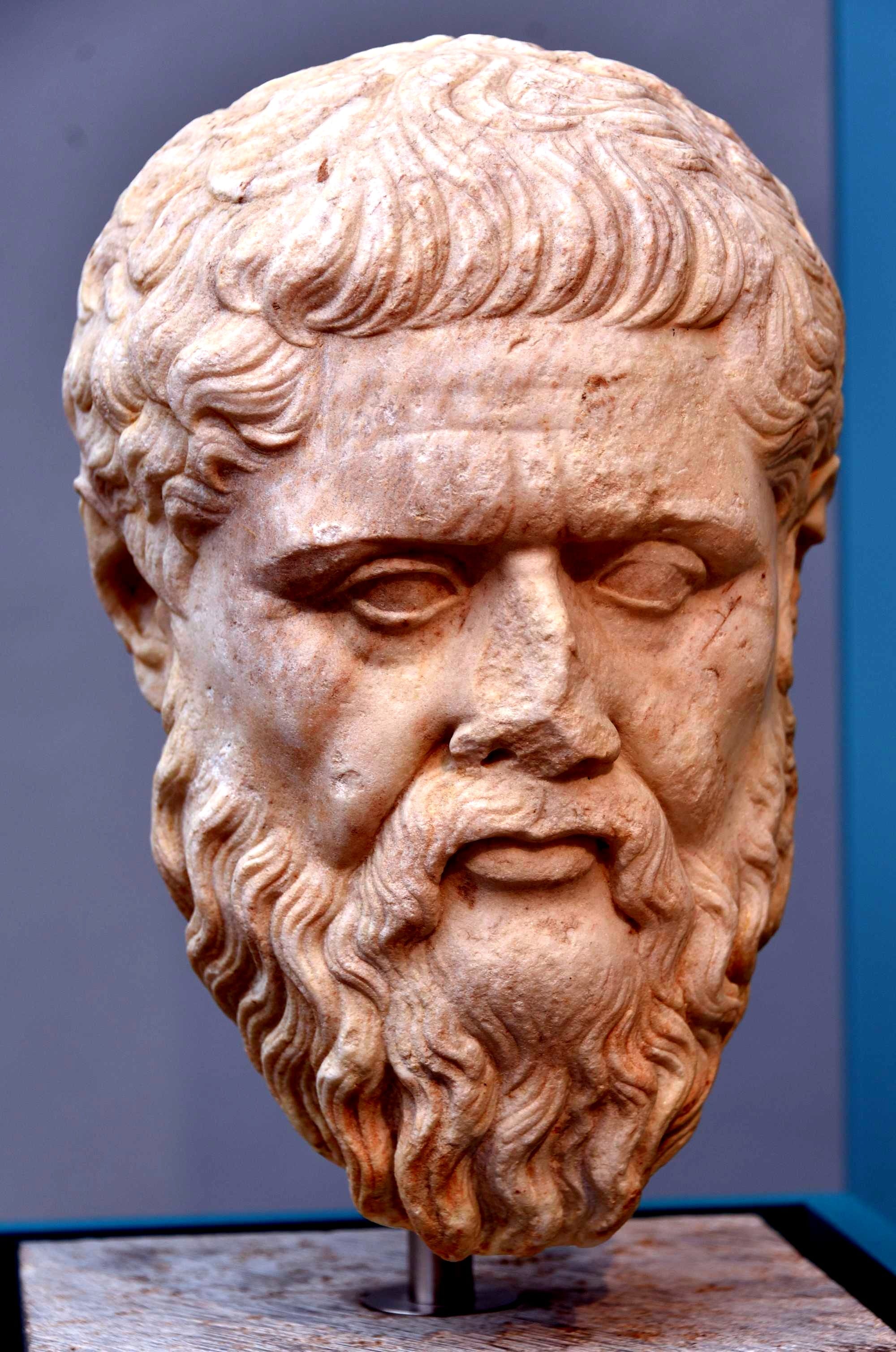  Marble bust of the Greek philosopher Plato. Roman copy (1st century CE) of an original (350-340 BCE). Altes Museum, Berlin, Germany. The original was a bronze statue in Plato's school of philosophy in Athens.