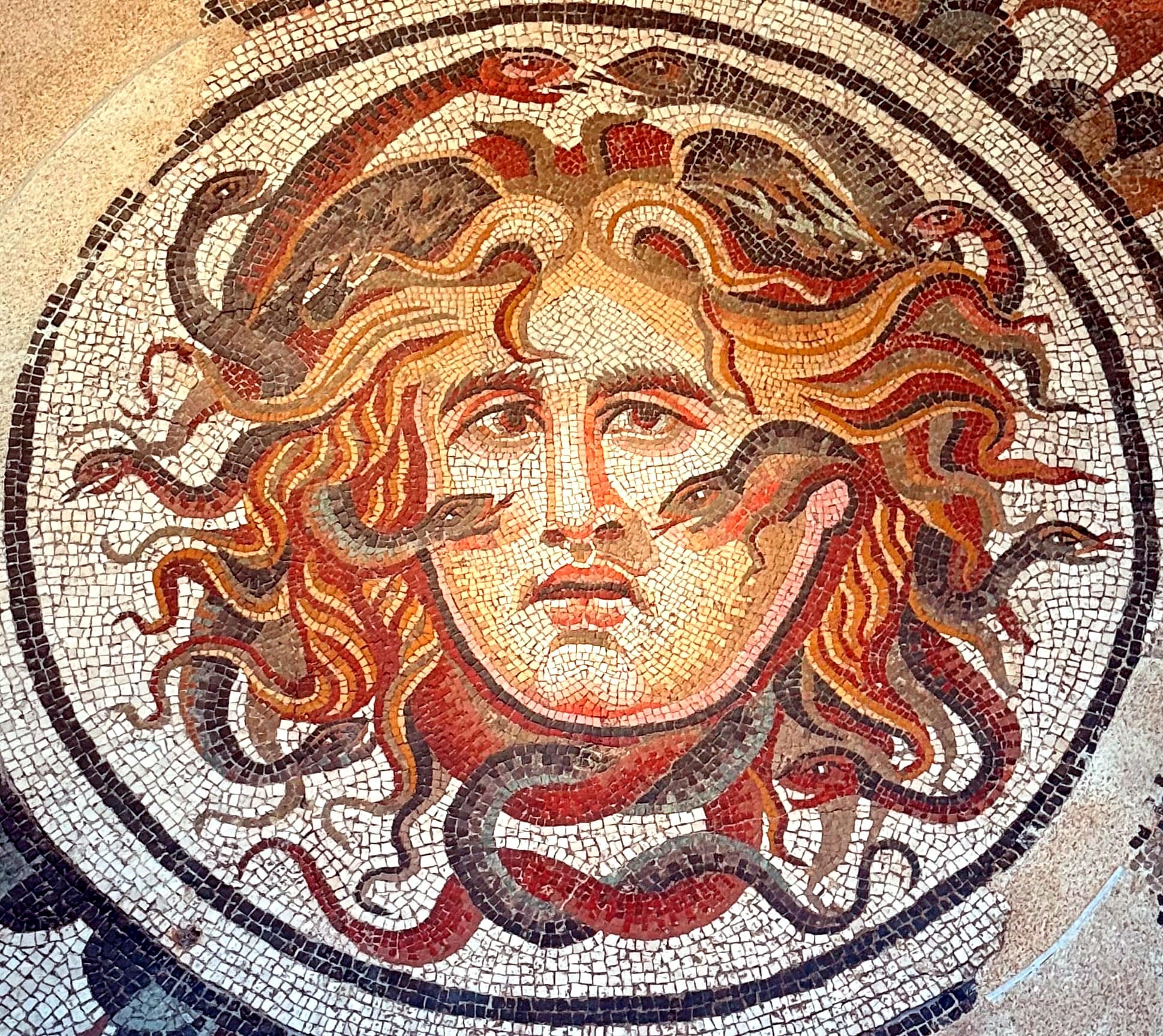Central panel of a mosaic floor with the head of Medusa, 1st-2nd century AD, National Museum of Rome, Baths of Diocletian, Rome