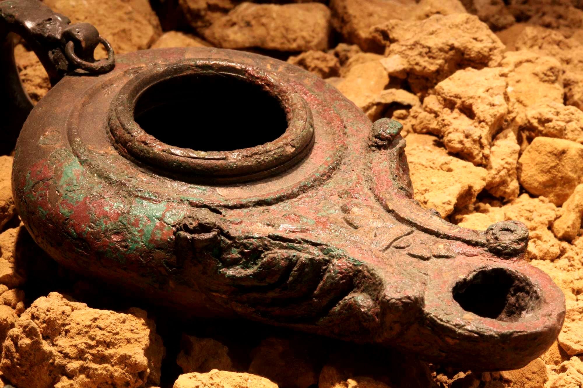 Oil lamp. Bronze. 1st to 3rd century. On display at Vidy Roman Museum