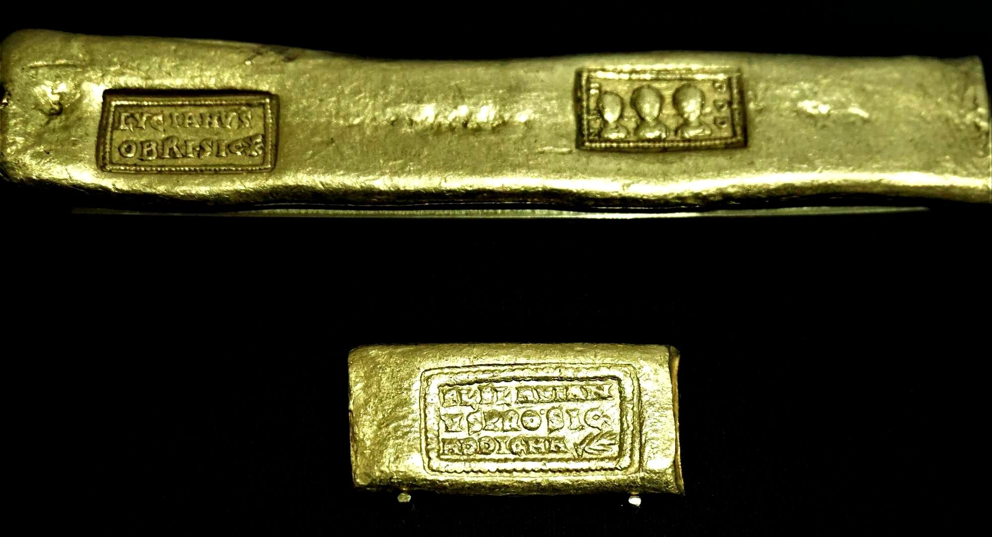 Roman gold ingot, dating to circa 375 AD. This example was discovered in a hoard from Czófalva, Hungary in 1887. Bank of England Museum Collection.